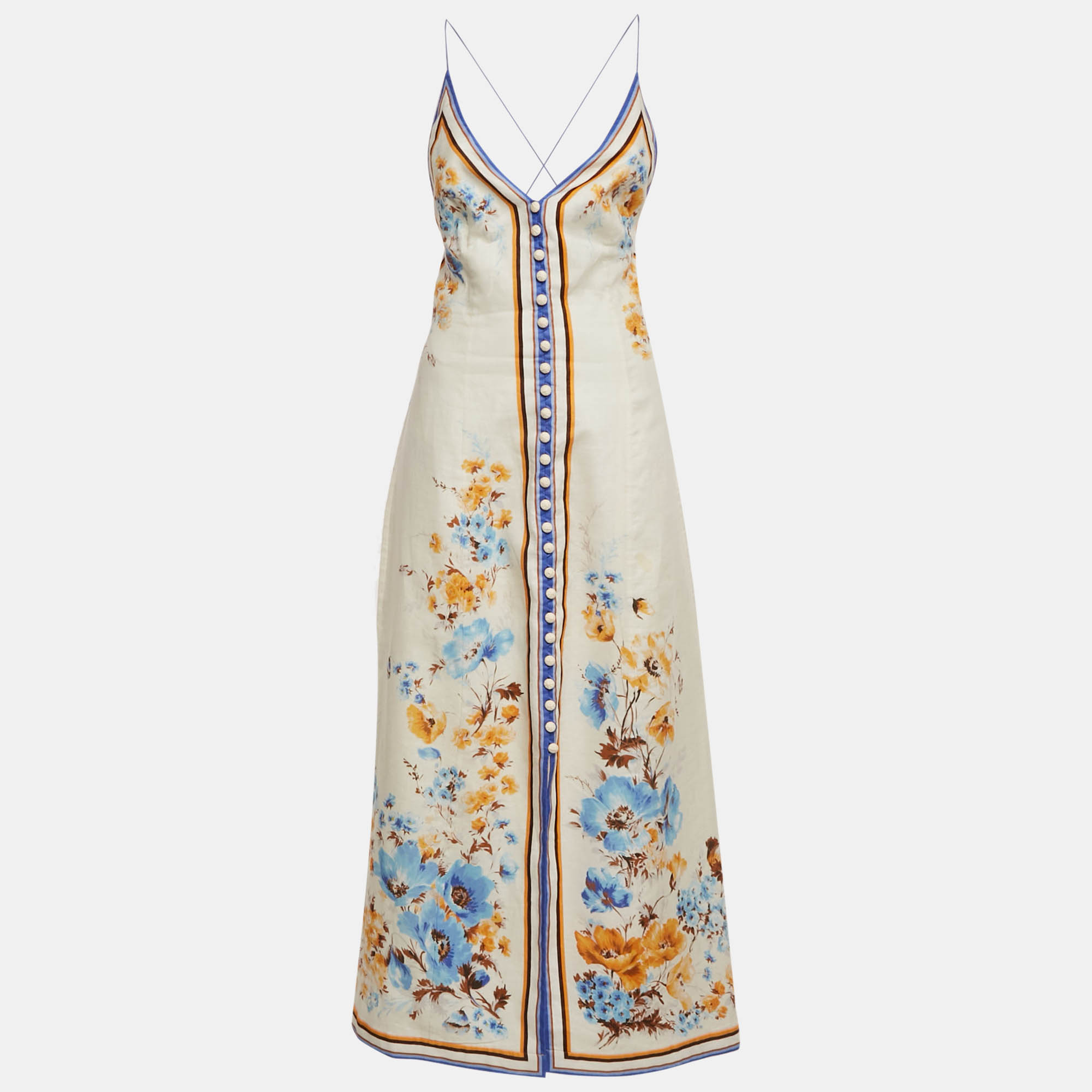 مملوكة مسبقًا Zimmerman Off White Floral Print Linen Halcyon Slip Dress M