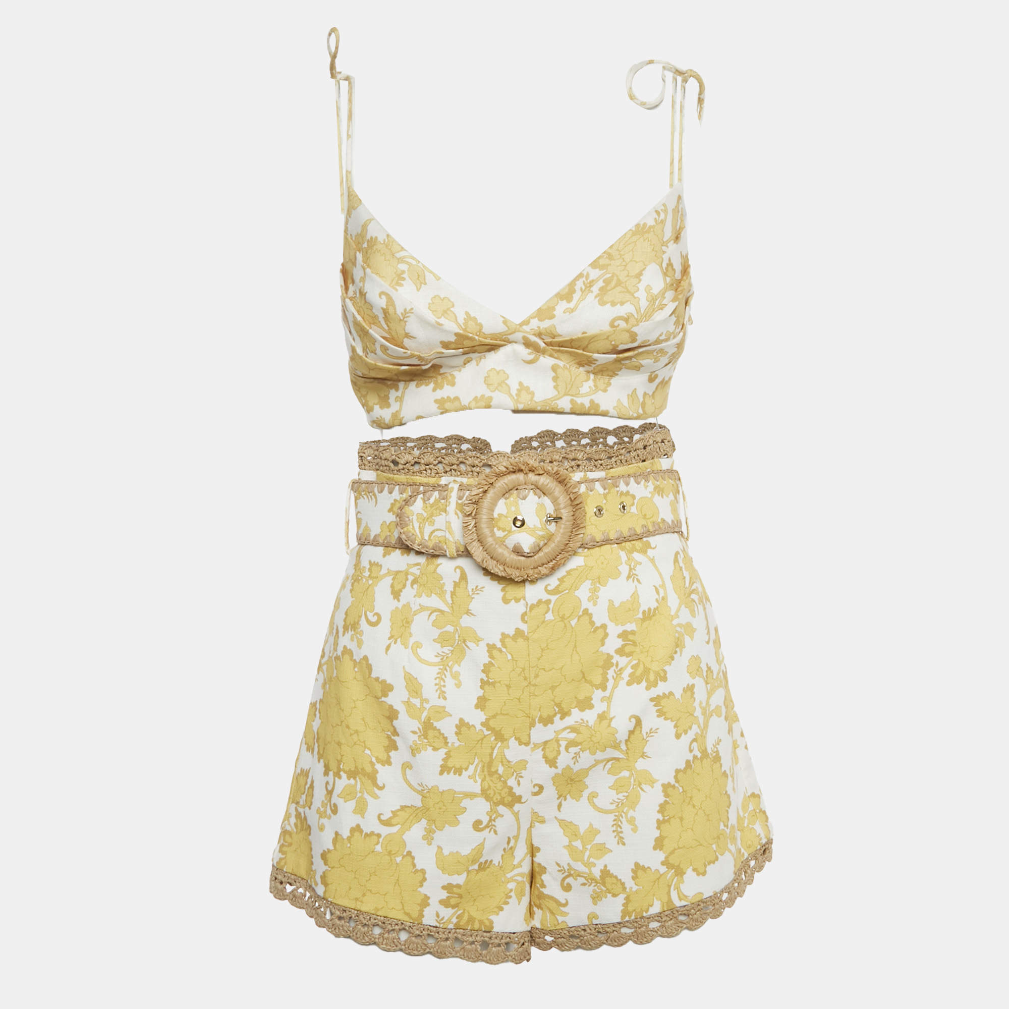 Pre Owned Zimmermann Yellow Printed Cotton Bralette & Shorts Set S