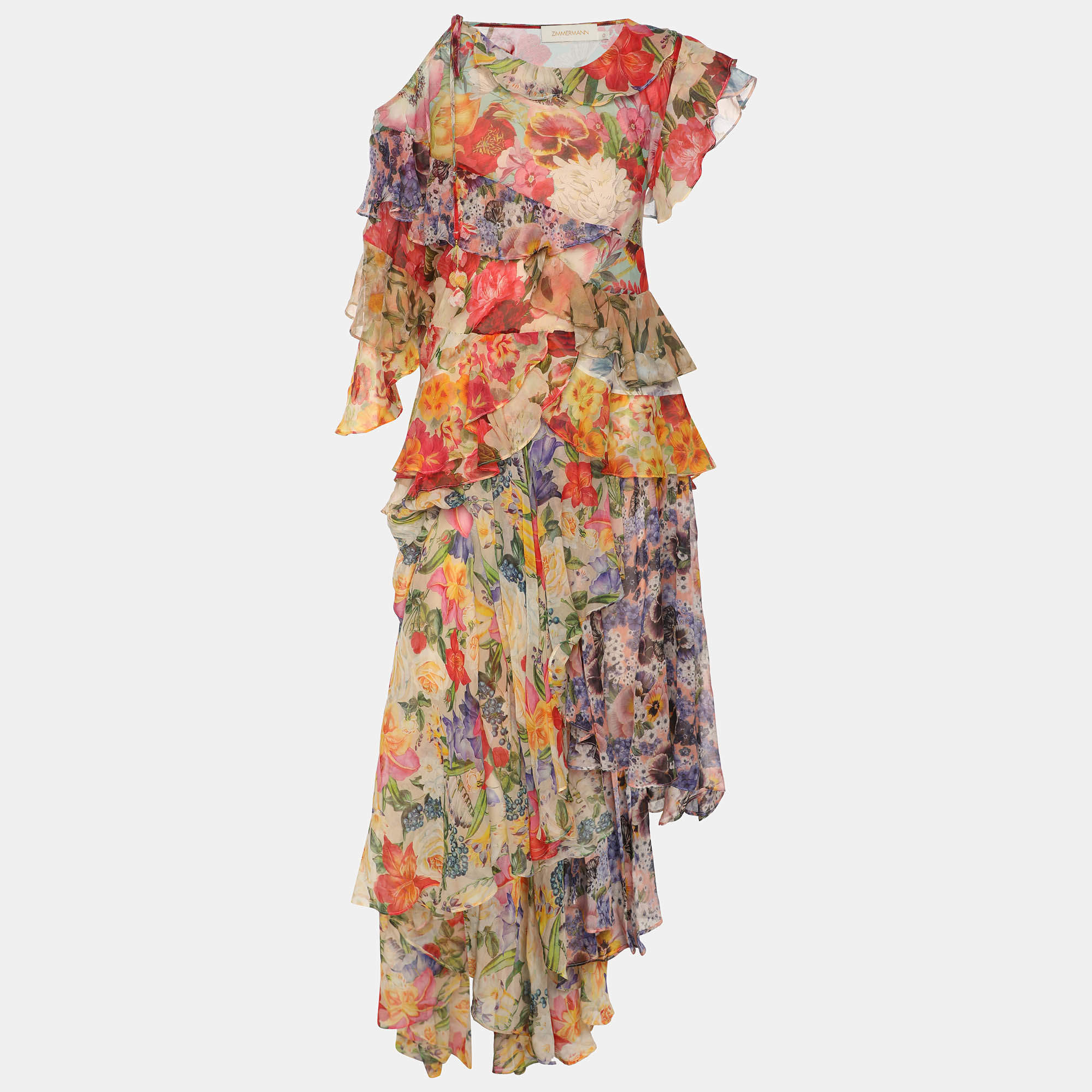 Pre Owned Zimmermann Multicolor Floral Print Chiffon Wonderland Flounce Midi Dress XS