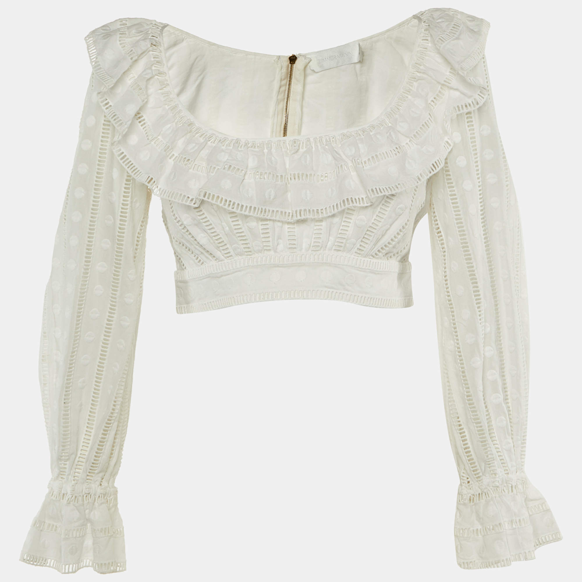 Pre Owned Zimmermann Ivory Broderie Anglaise Cotton Melody Ladder Crop Top M