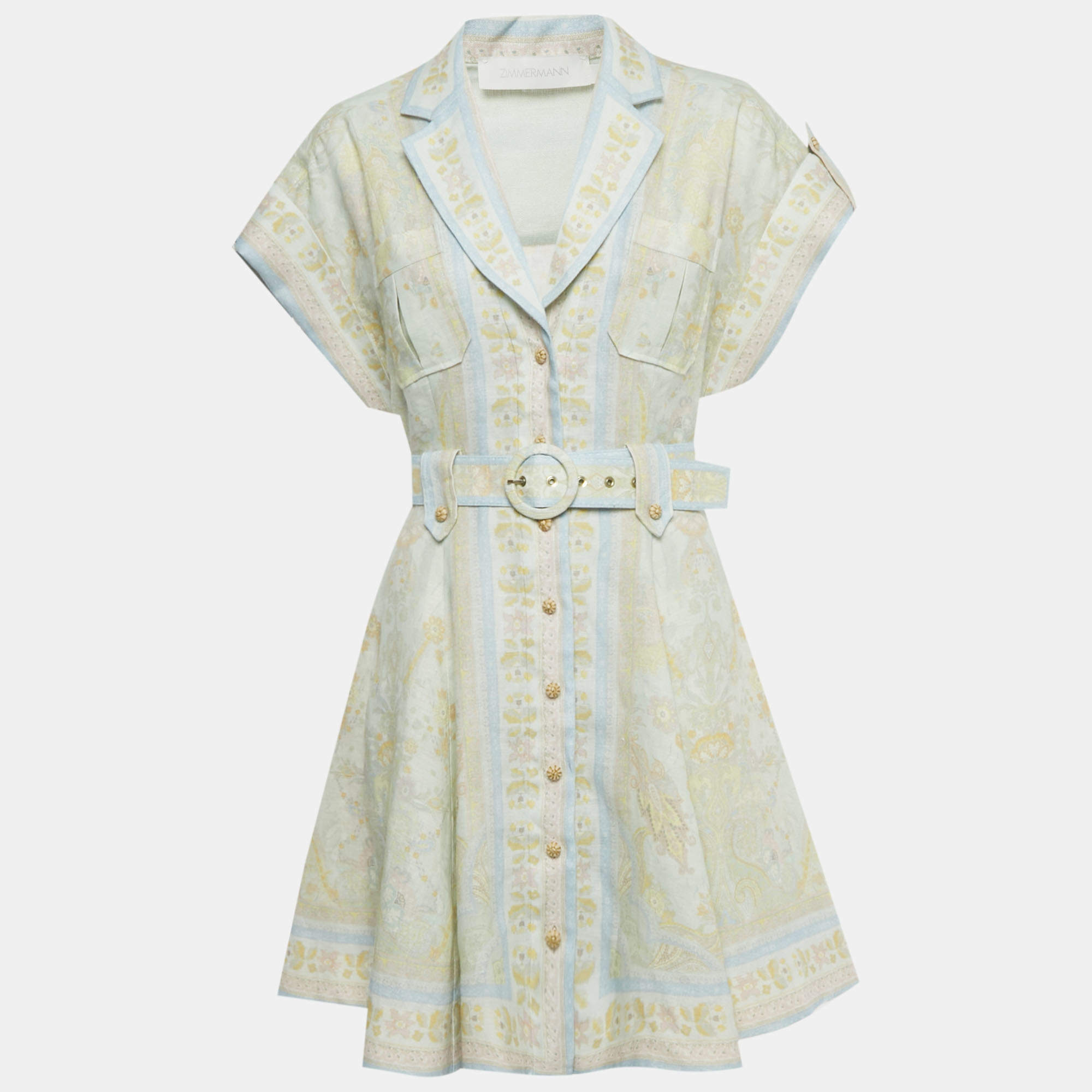 Pre Owned Zimmermann Light Green Paisley Print Linen Acacia Mini Dress M