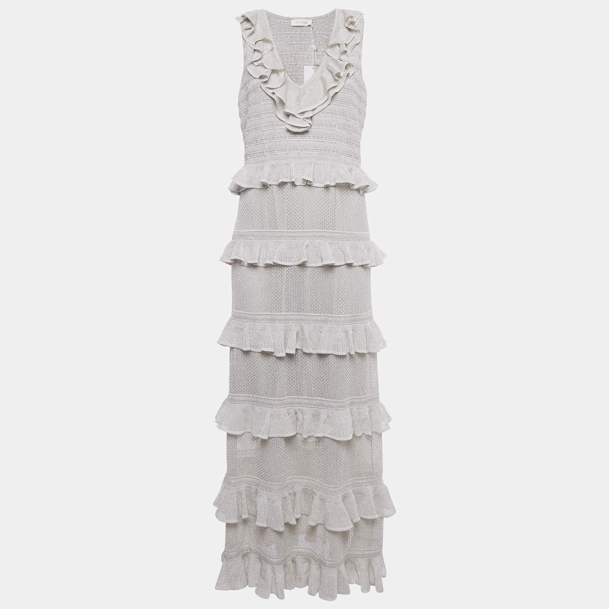Pre Owned Zimmermann Silver Lurex Knit Tiered Frill Midi Dress L