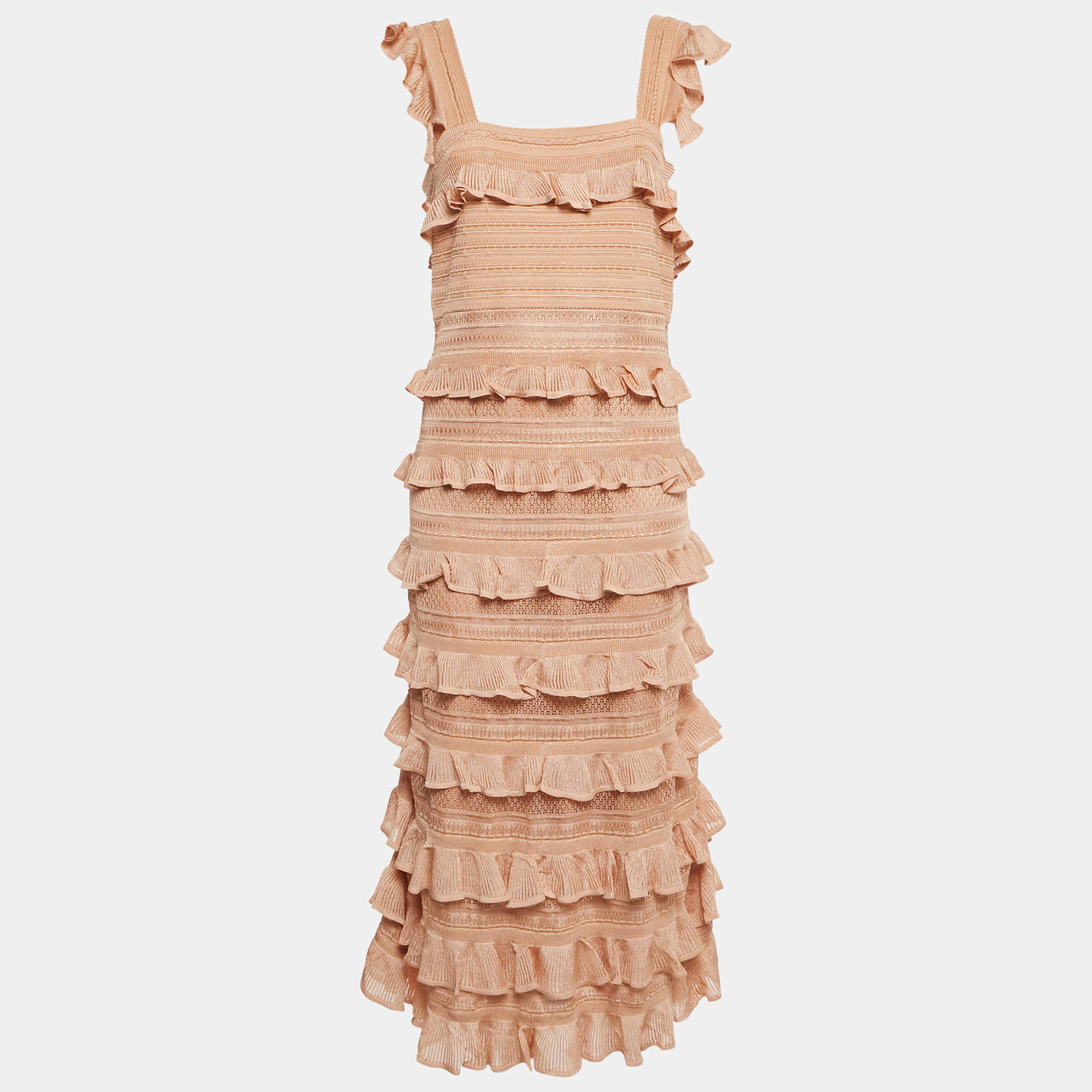 Pre Owned Zimmermann Beige Stretch Knit Illustration Frilled Dress L