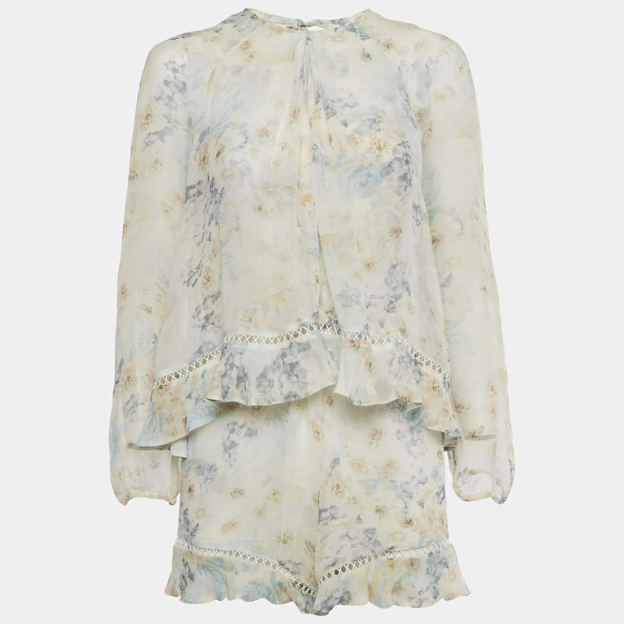 Pre Owned Zimmermann Cream Floral Print Silk Ruffled Playsuit S