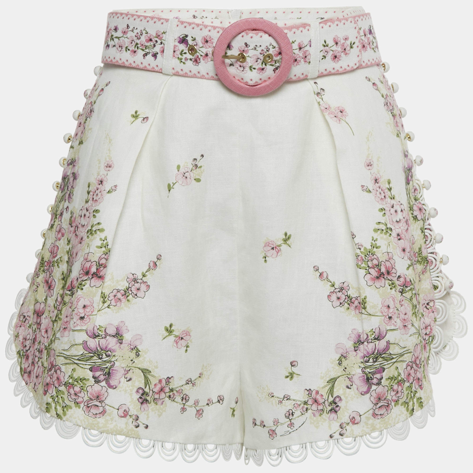 Pre Owned Zimmermann Pink/White Floral Print Linen Scallop Shorts M
