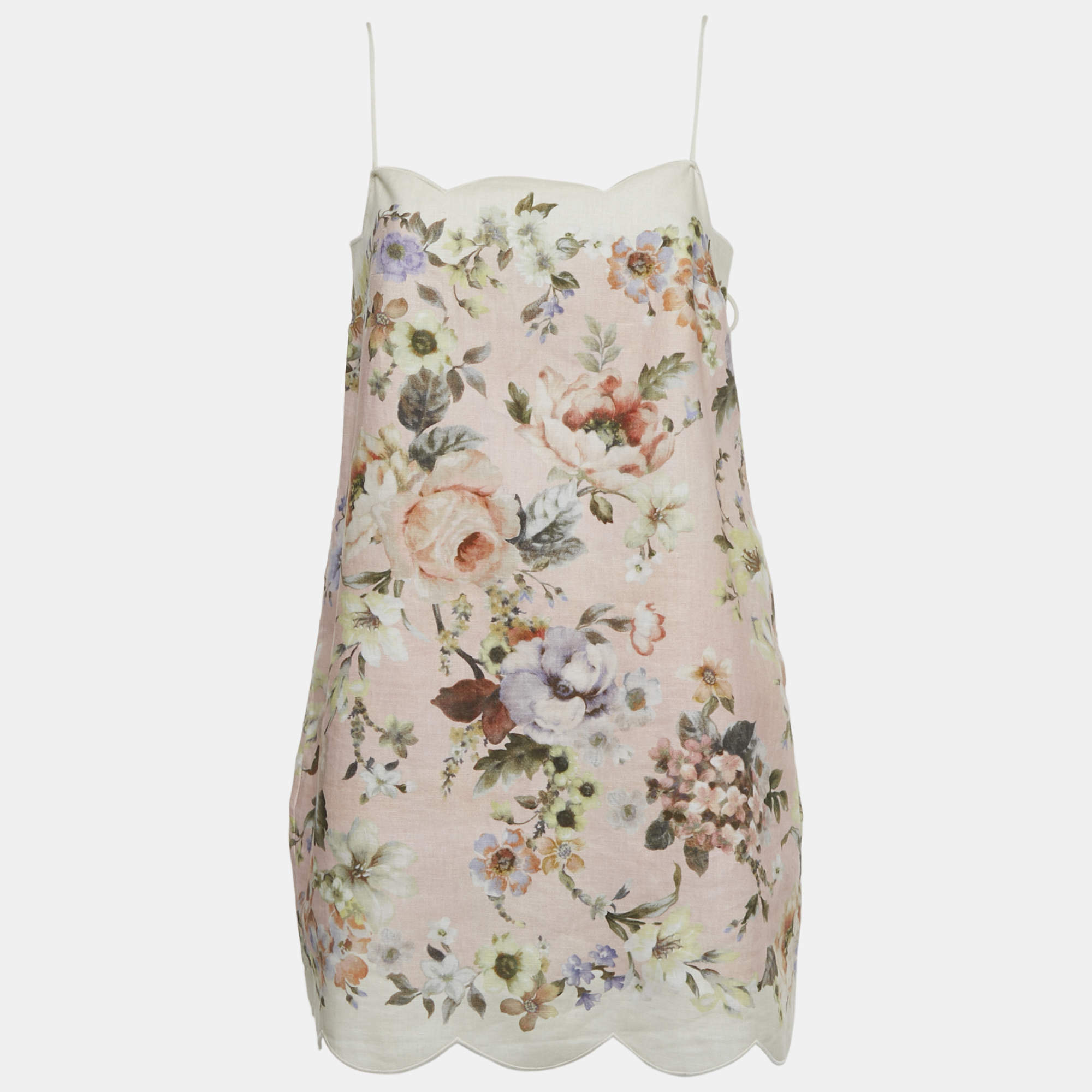 Pre Owned فستان ميني زيمرمان كورال وردي مزيج الكتان بدون حمالات مقاس متوسط - ميديم