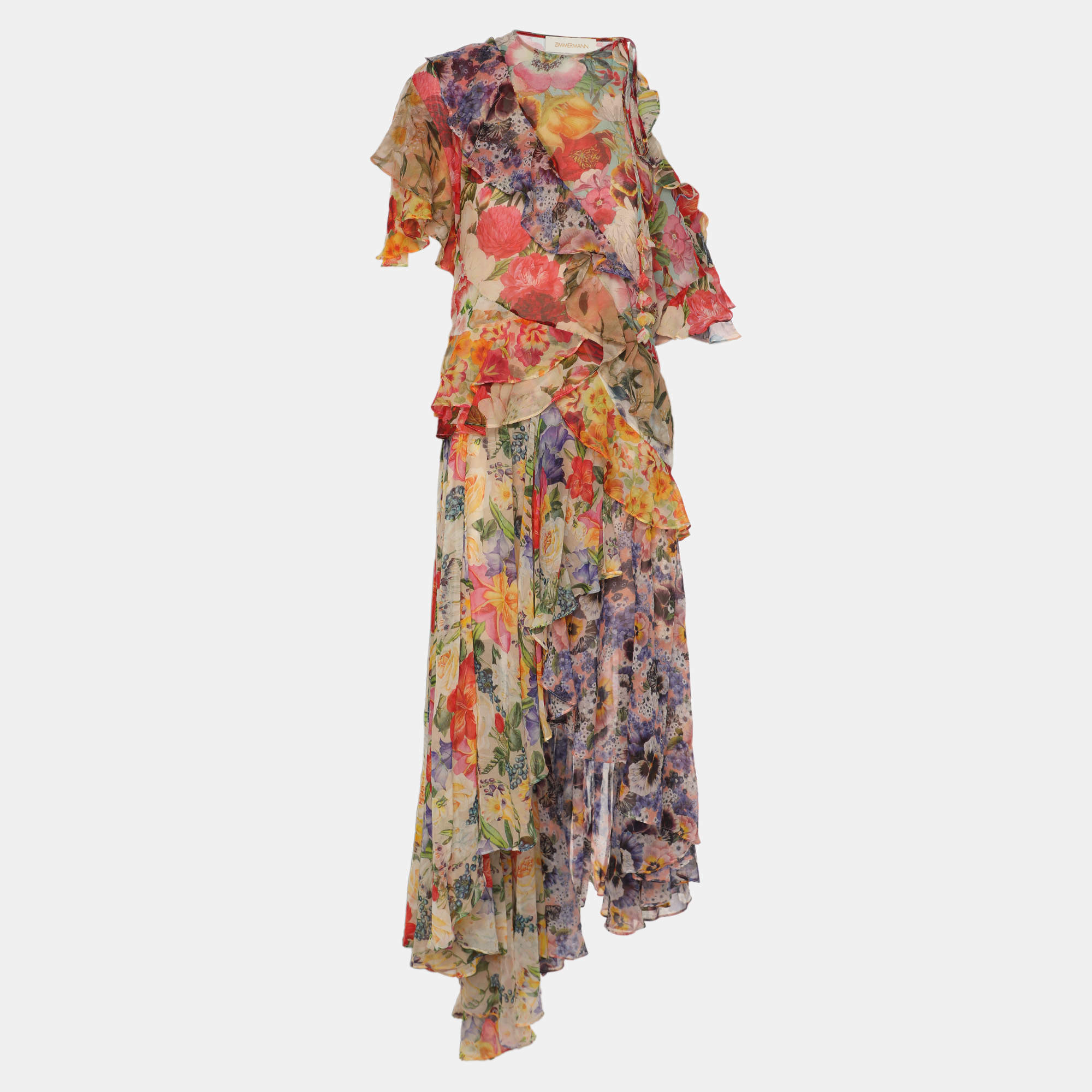 Pre Owned Zimmermann Multicolor Floral Print Chiffon Wonderland Flounce Midi Dress XS