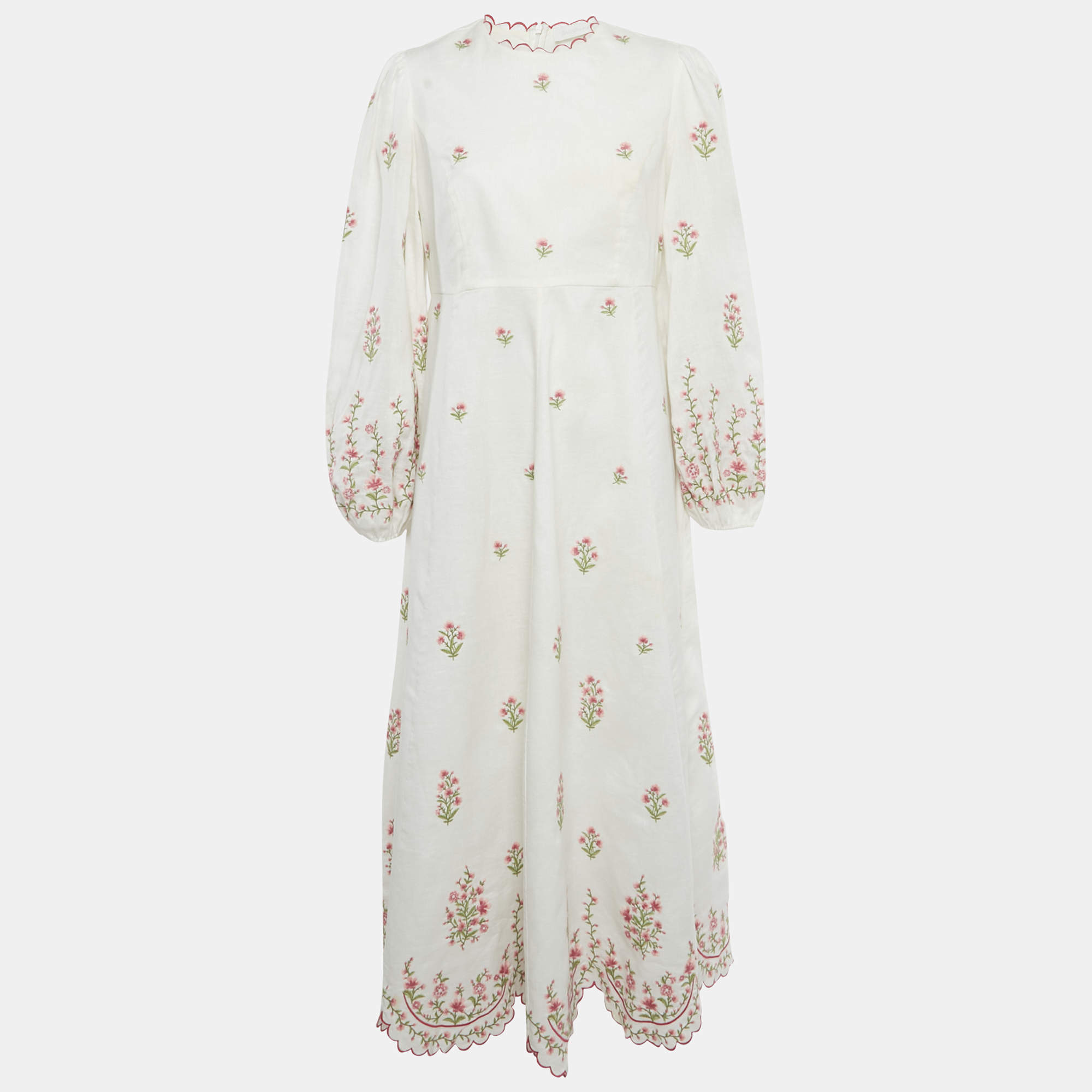 Pre Owned Zimmermann White Floral Embroidered Linen Midi Dress L