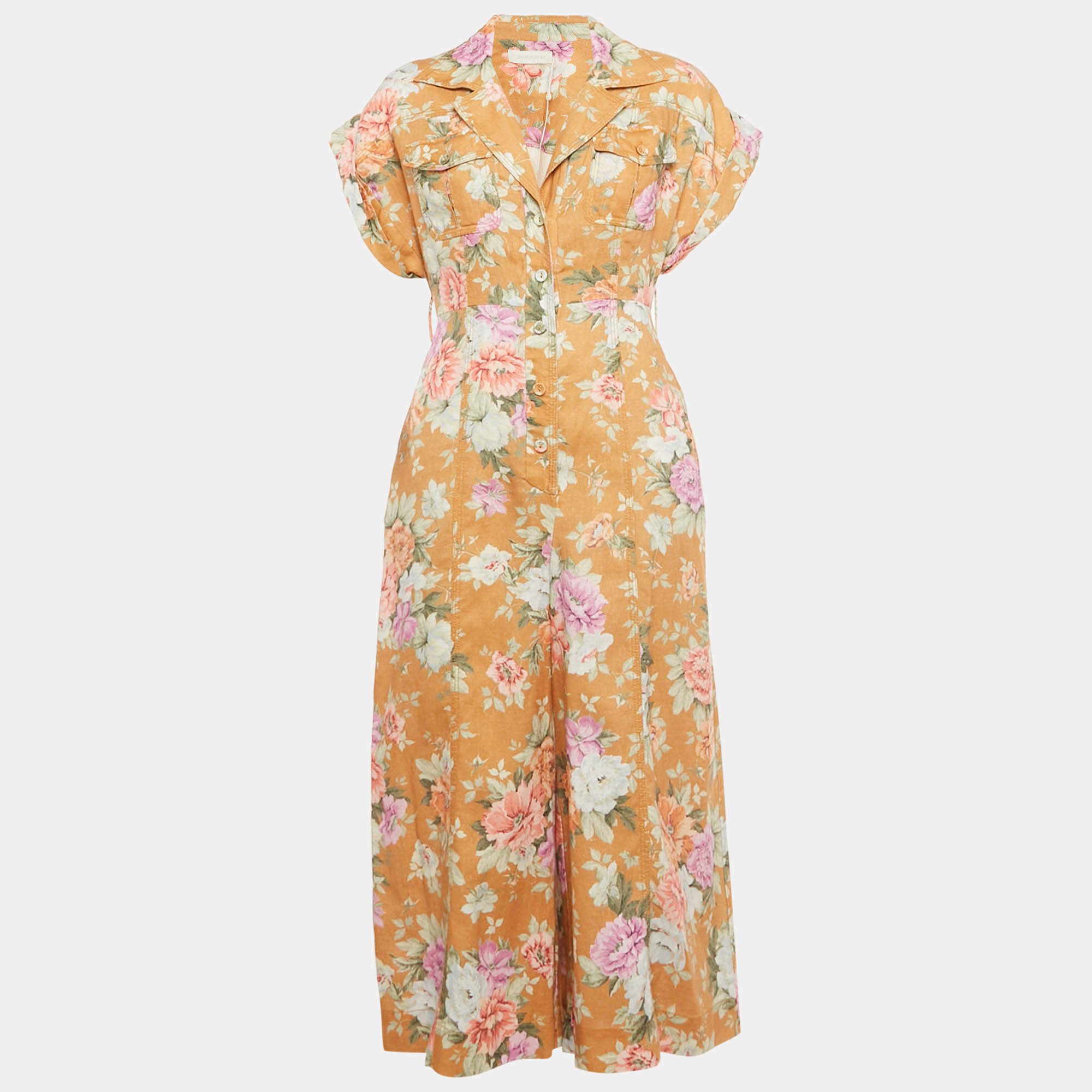 مملوكة مسبقًا Zimmermann Brown Floral Print Linen Jumpsuit M