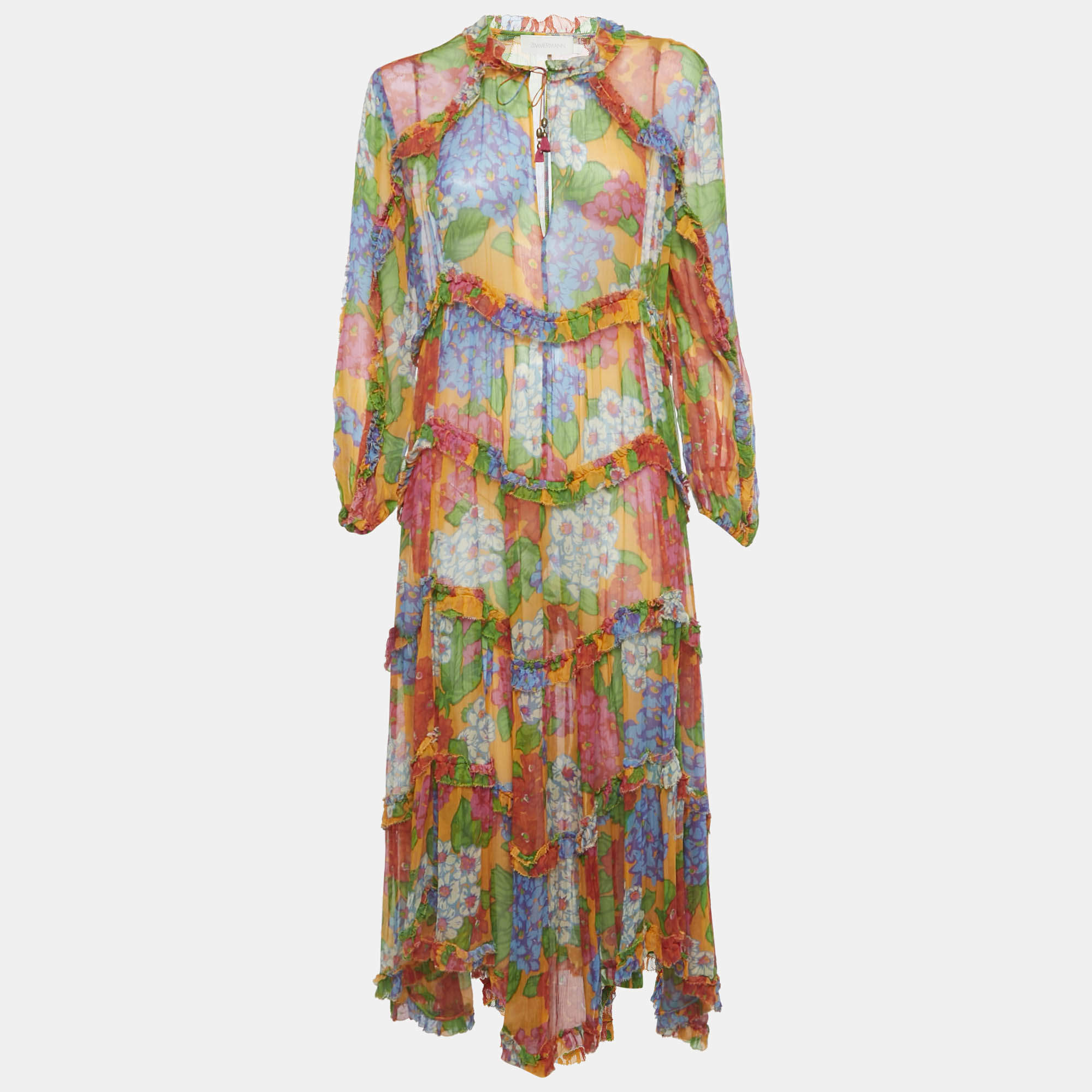 Pre Owned Zimmermann Multicolor Floral Print Crinkle Silk Maxi Dress M