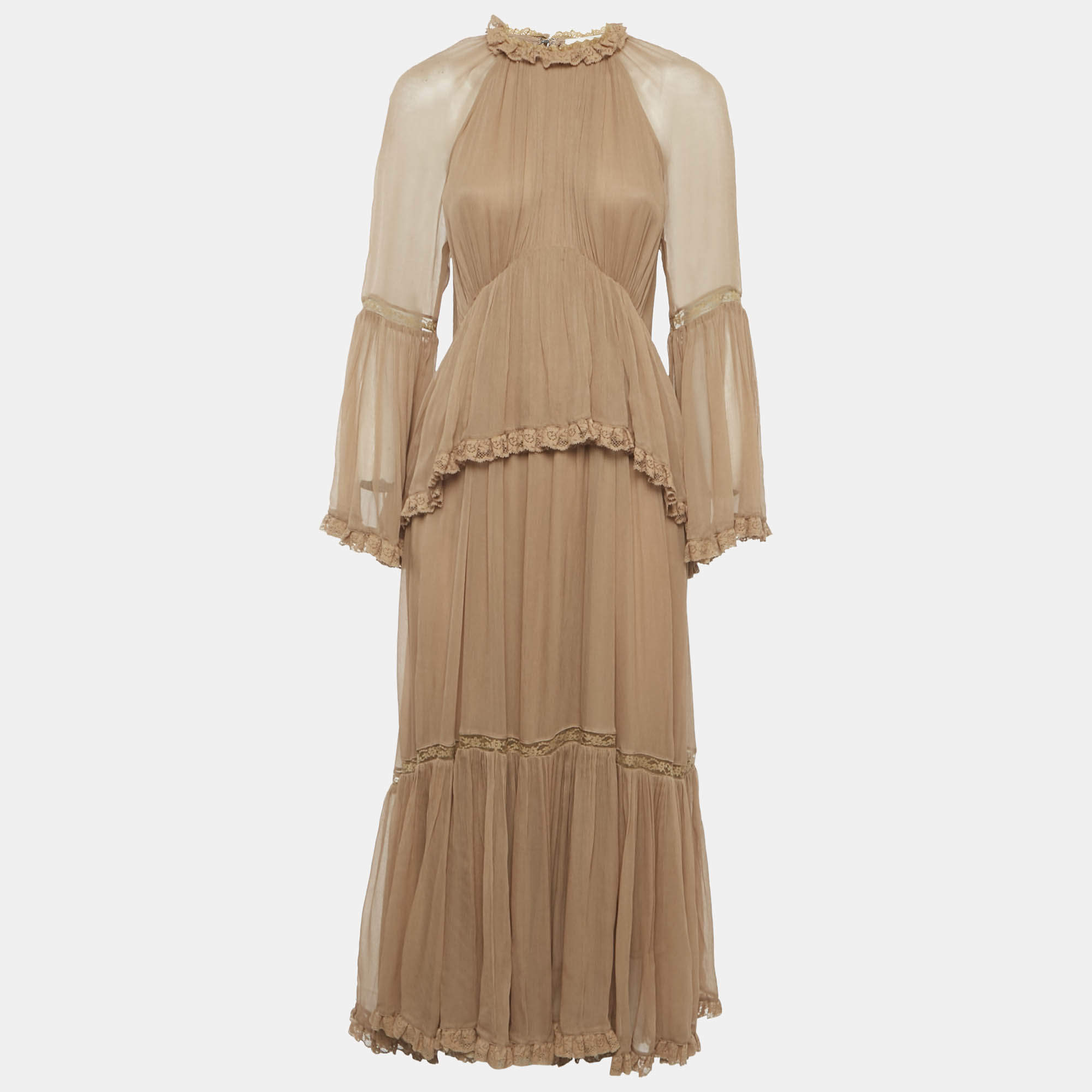 مملوكة مسبقًا Zimmermann Brown Crepe Lace Detail Tiered Midi Dress M