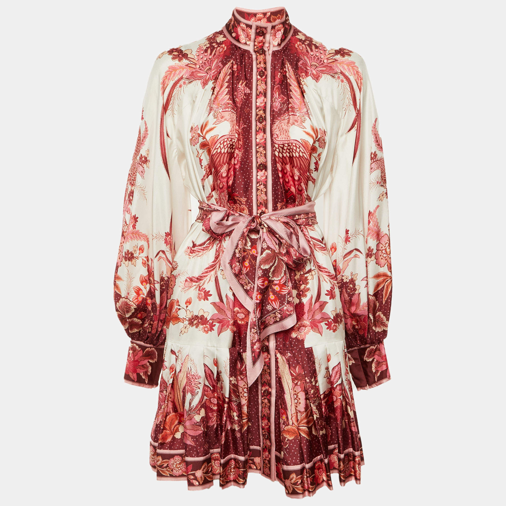 Pre Owned Zimmermann White /Red Floral Print Silk Pleated Mini Dress L