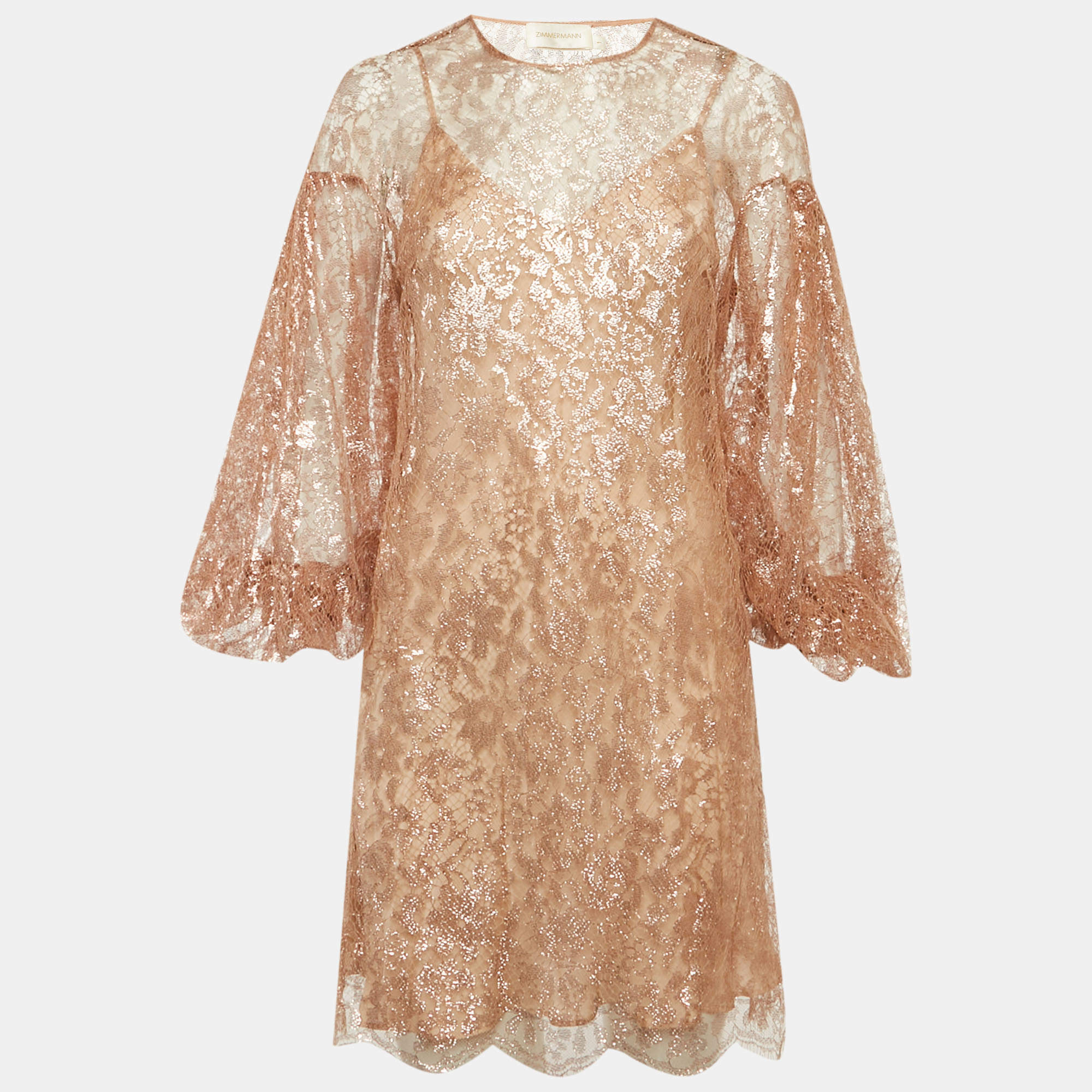 Pre Owned Zimmermann Rose Gold Lace Mini Dress S