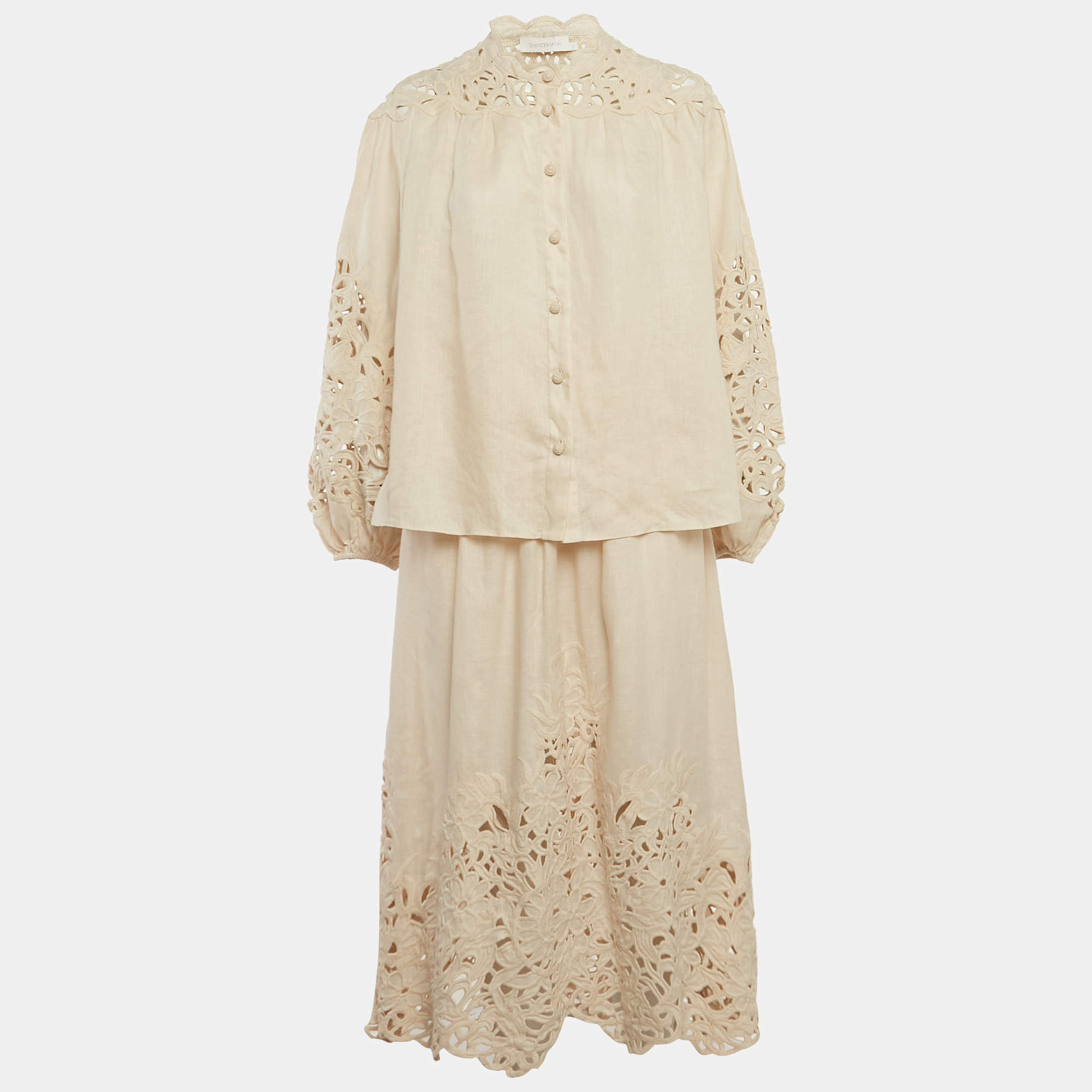Pre Owned Zimmermann Beige Embroidered Linen Set L