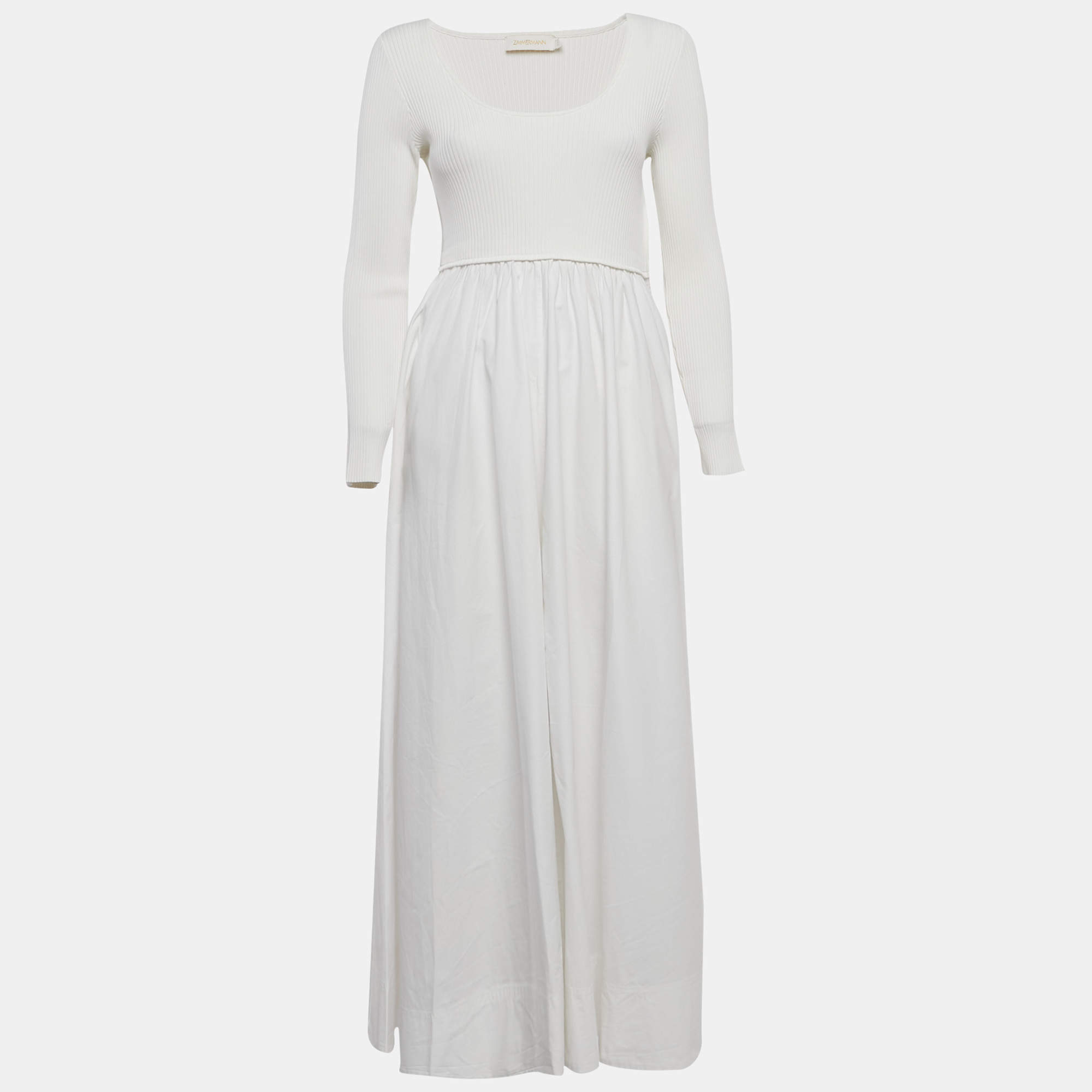 مملوكة مسبقًا Zimmermann White Rib Knit and Poplin Scoop Neck Long Dress M