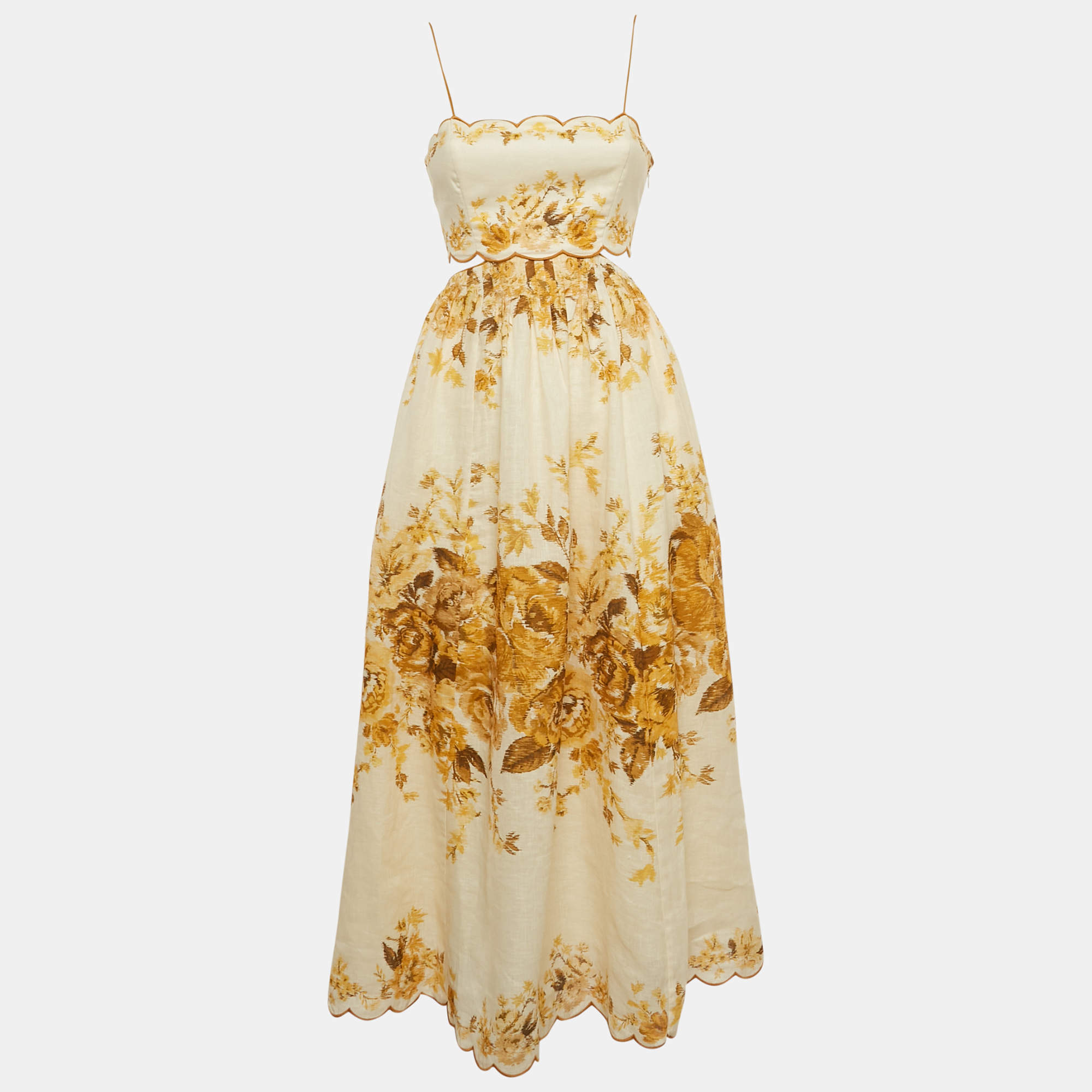 مملوكة مسبقًا Zimmermann Yellow Floral Print Linen Cut-Out Midi Dress M