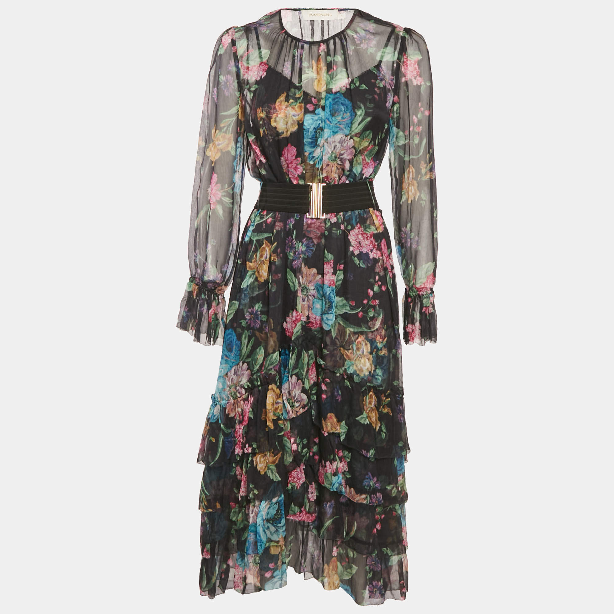 Pre Owned Zimmermann Black Floral Print Chiffon Asymmetric Midi Dress M