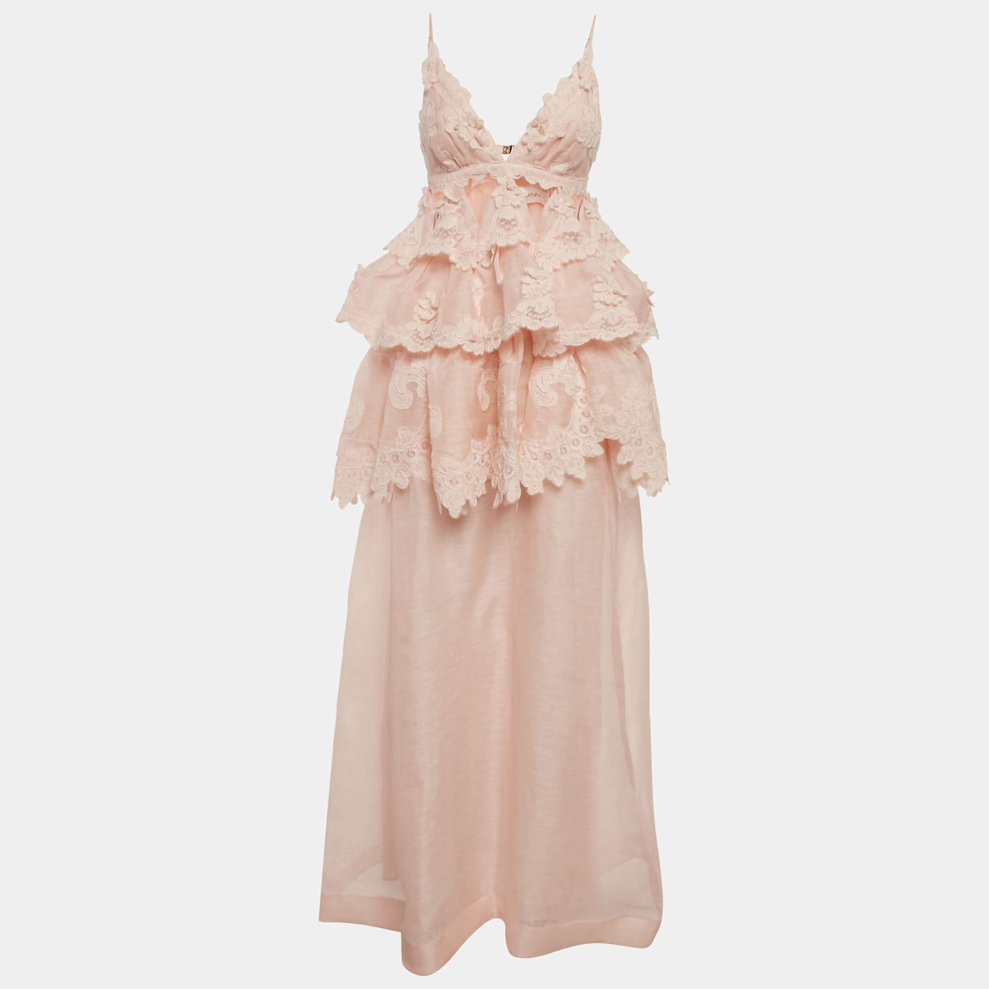 Pre Owned Zimmermann Light Orange Linen Blend Tiered Lace Maxi Dress M