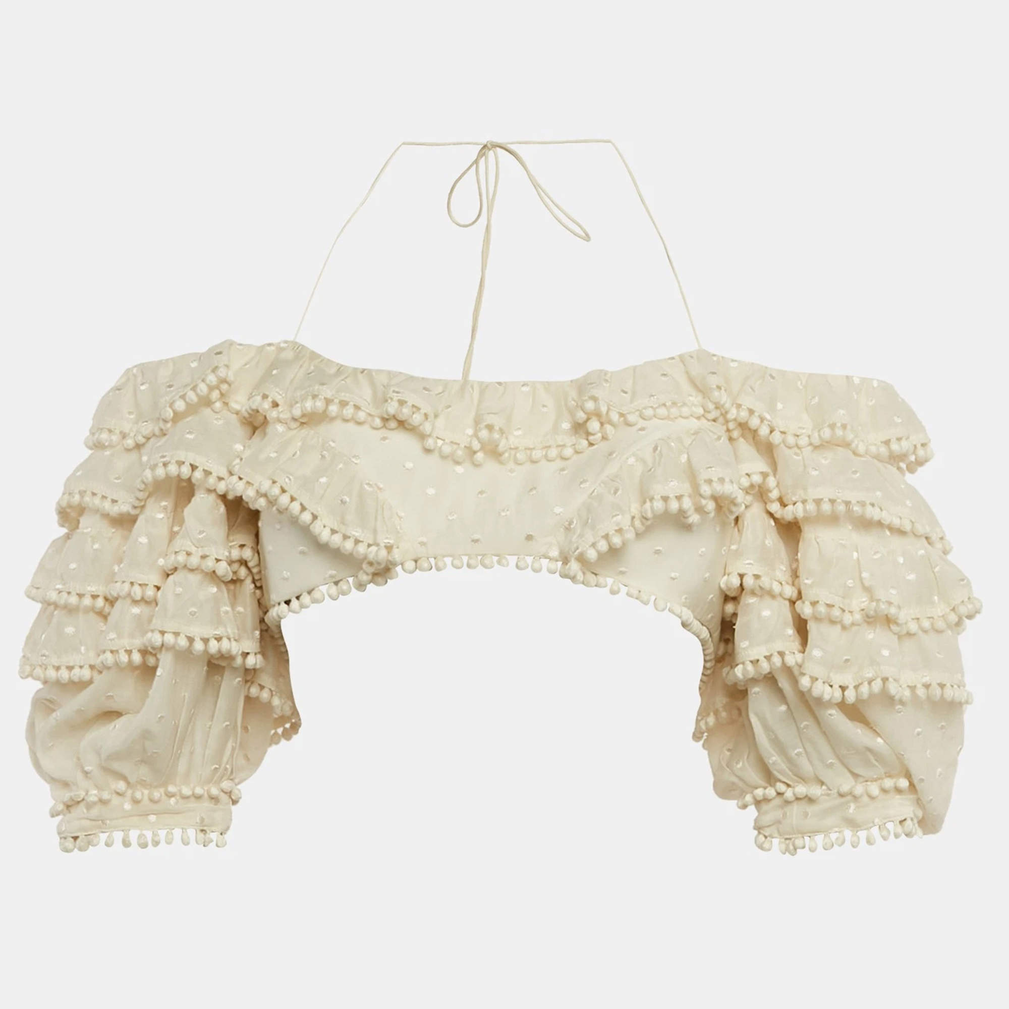 Pre Owned توب بقصة غير متناظرة من القطن الممزوج مكشكش من زيمرمان بلون أبيض عاجي مقاس متوسط - ميديم