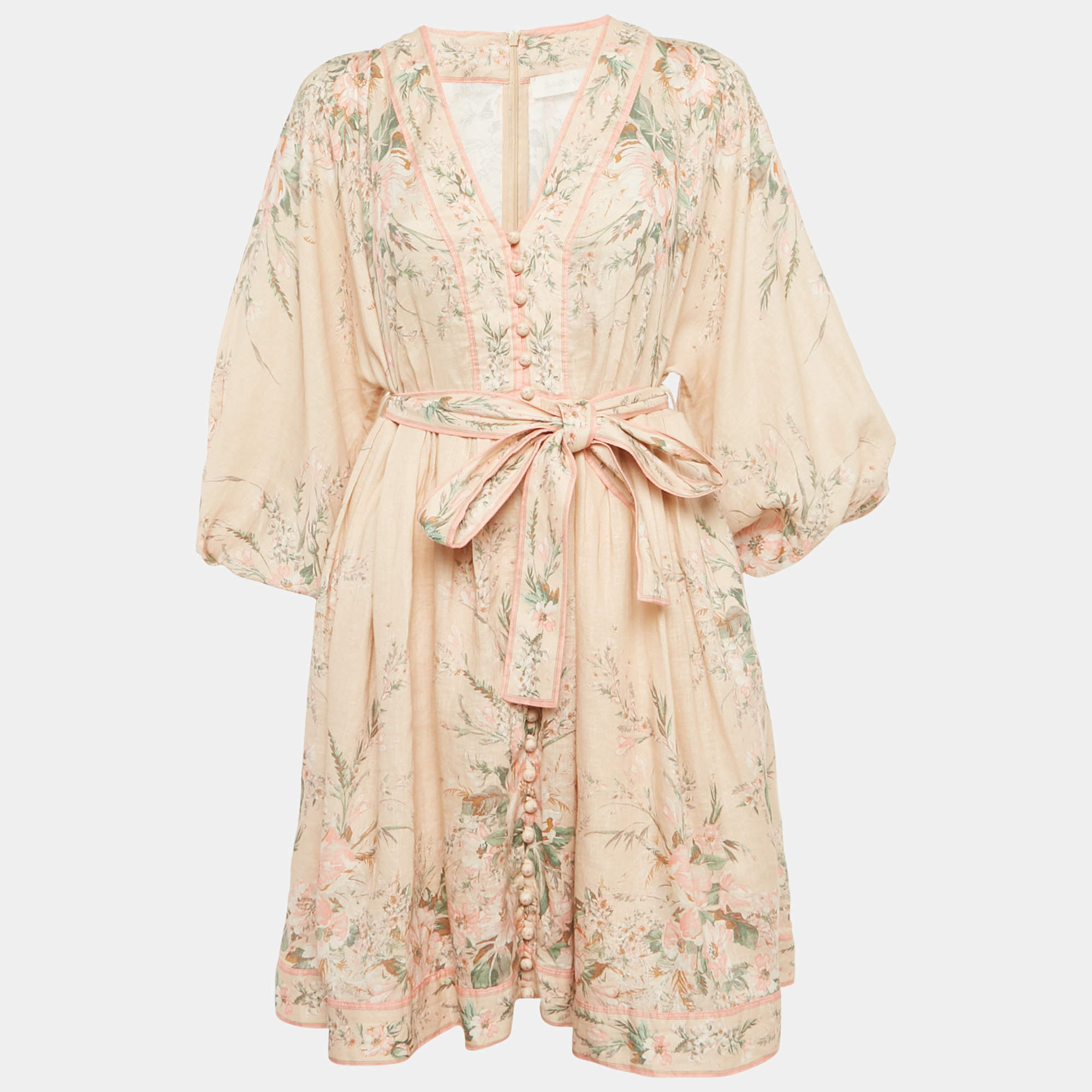 Pre Owned Zimmermann Pink Floral Print Linen Mini Dress L
