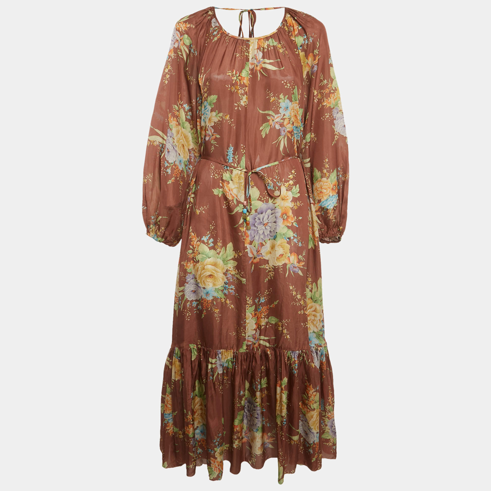 Pre Owned Zimmermann Brown Floral Print Silk Belted Zinnia Dress M