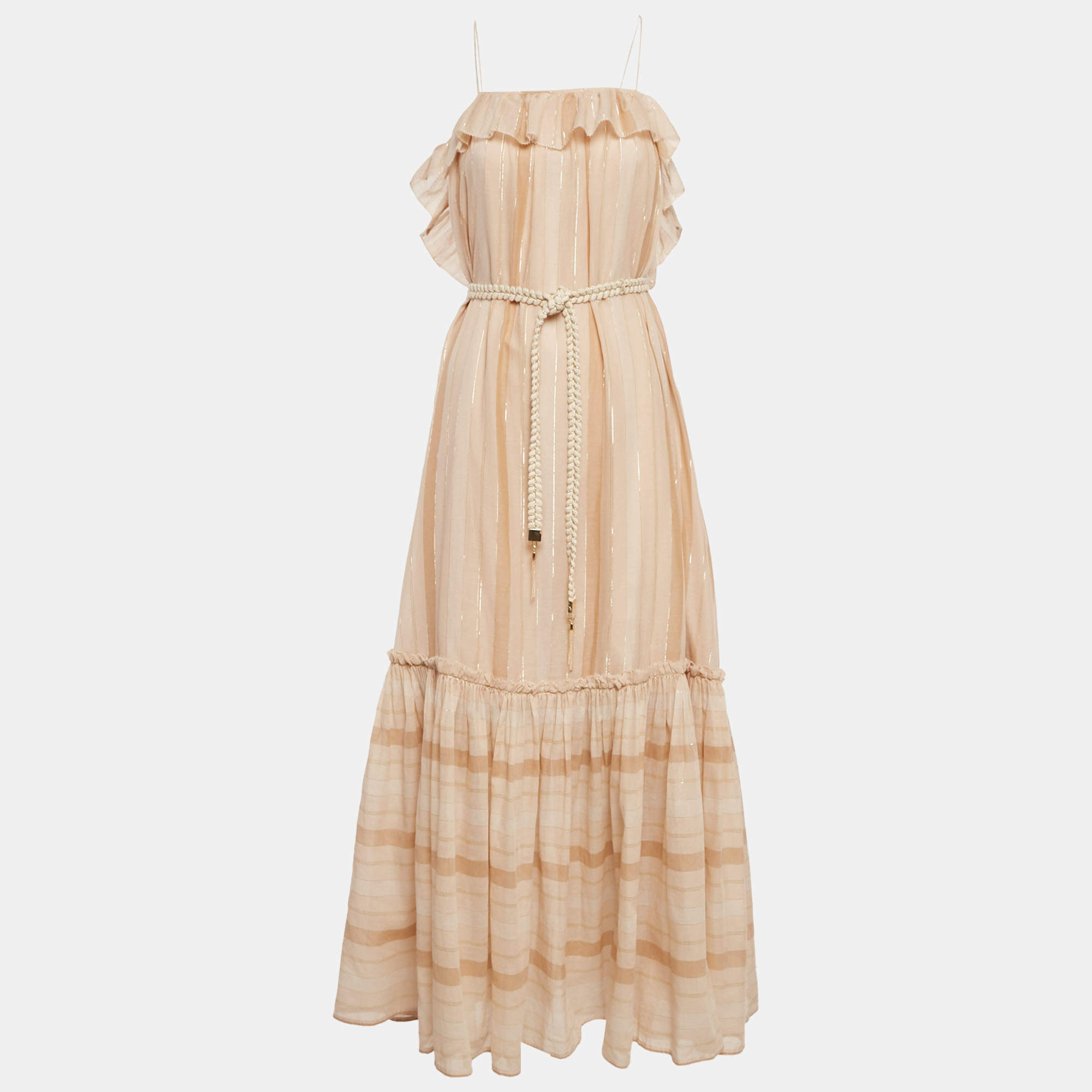 Pre Owned Zimmermann Beige Metallic Striped Cotton Tiered Maxi Dress M