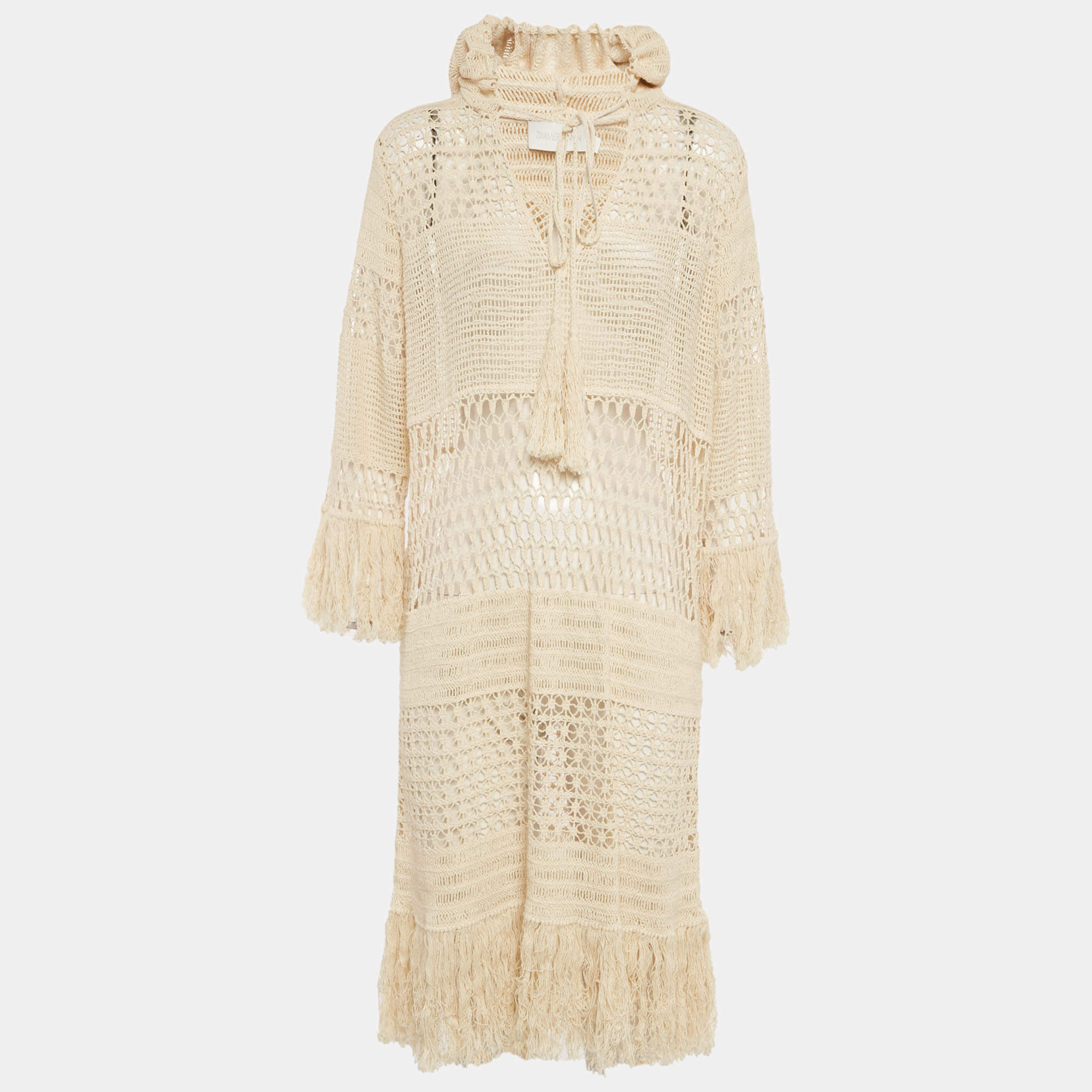 Pre Owned Zimmermann Beige Crochet Sheer Hooded Midi Dress M/L