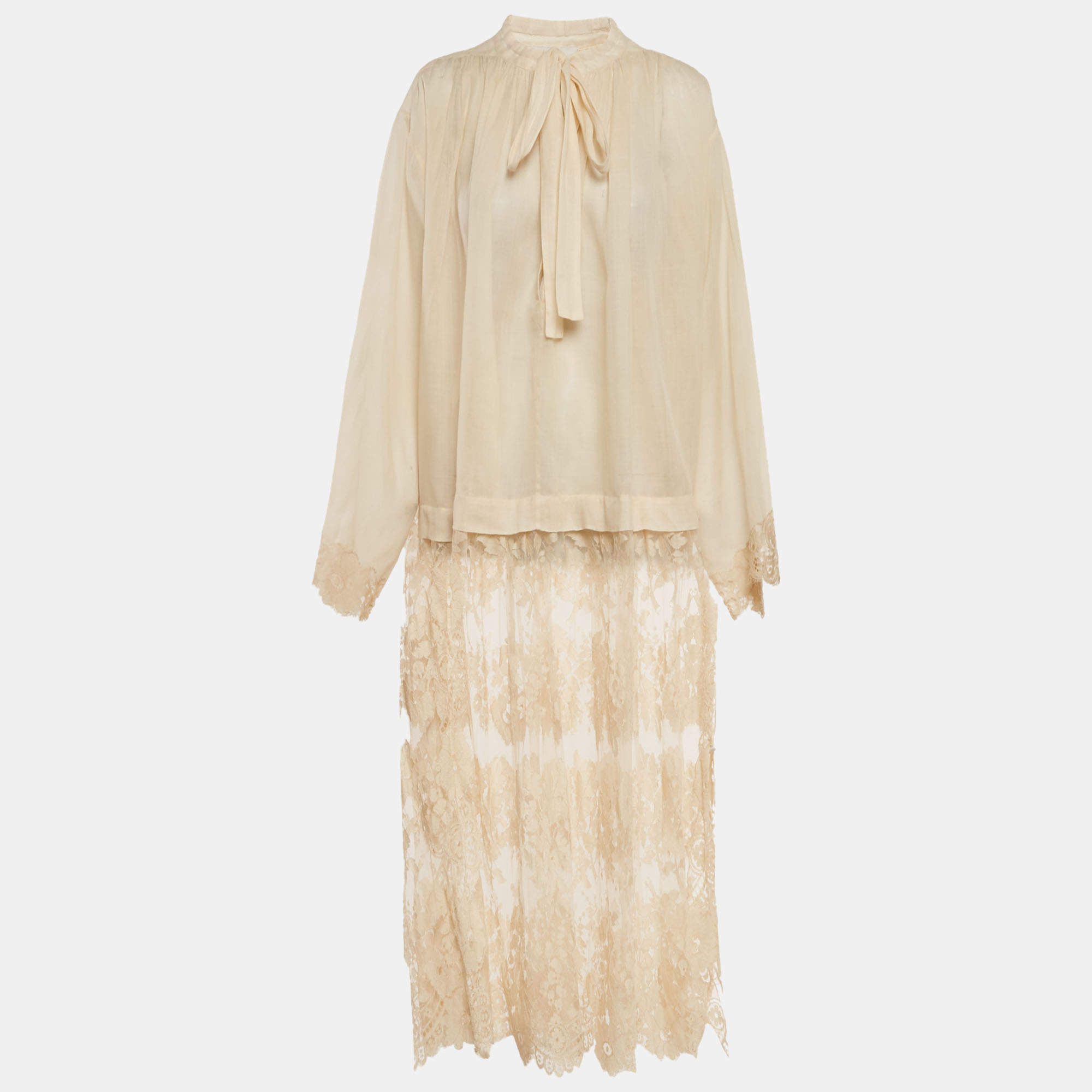 Pre Owned Zimmermann Beige Ramie and Lace Luminosity Midi Shirt Dress M