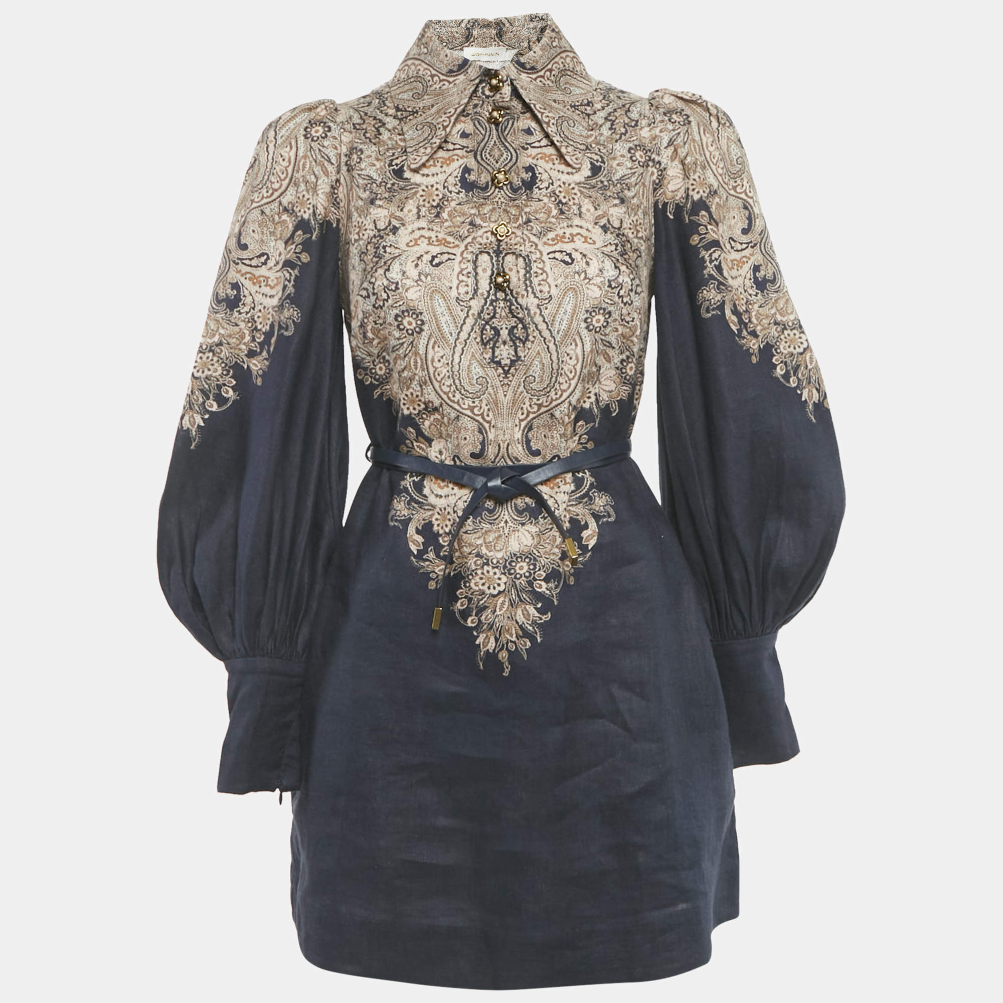 Pre Owned فستان زيمرمان قصير موصول بطبعات بيزلي كتان أزرق كحلي مقاس صغير