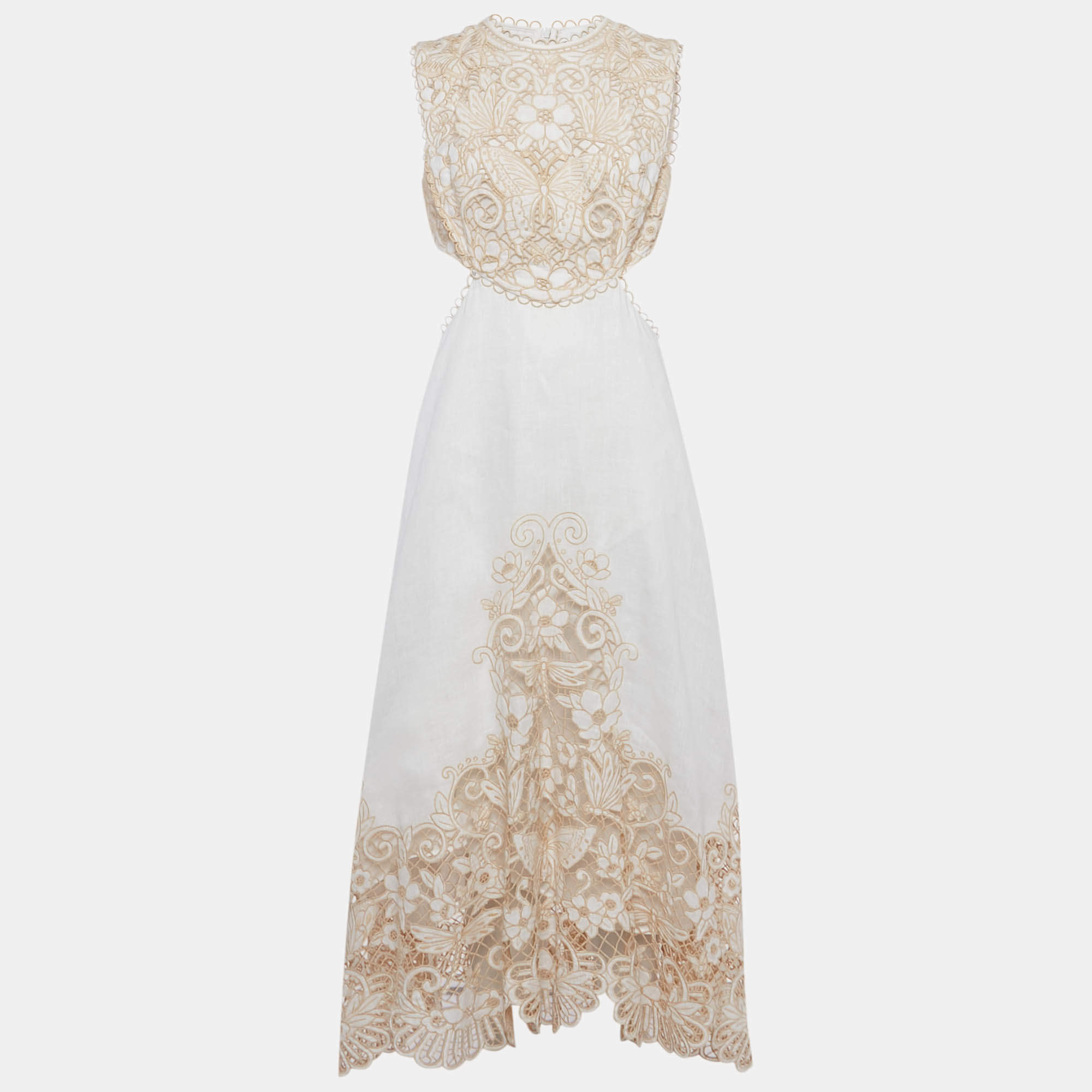 مملوكة مسبقًا Zimmermann White Floral Embroidered Linen Cut Out Maxi Dress L