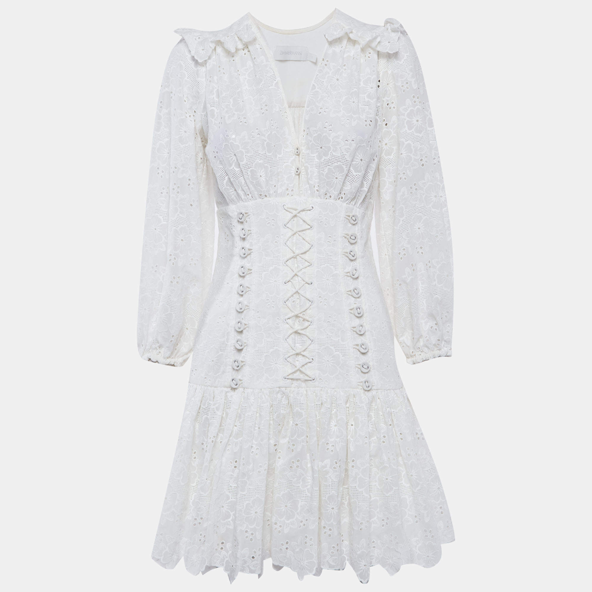 Pre Owned Zimmermann White Cotton Honour Corset Lace Short Mini Dress M