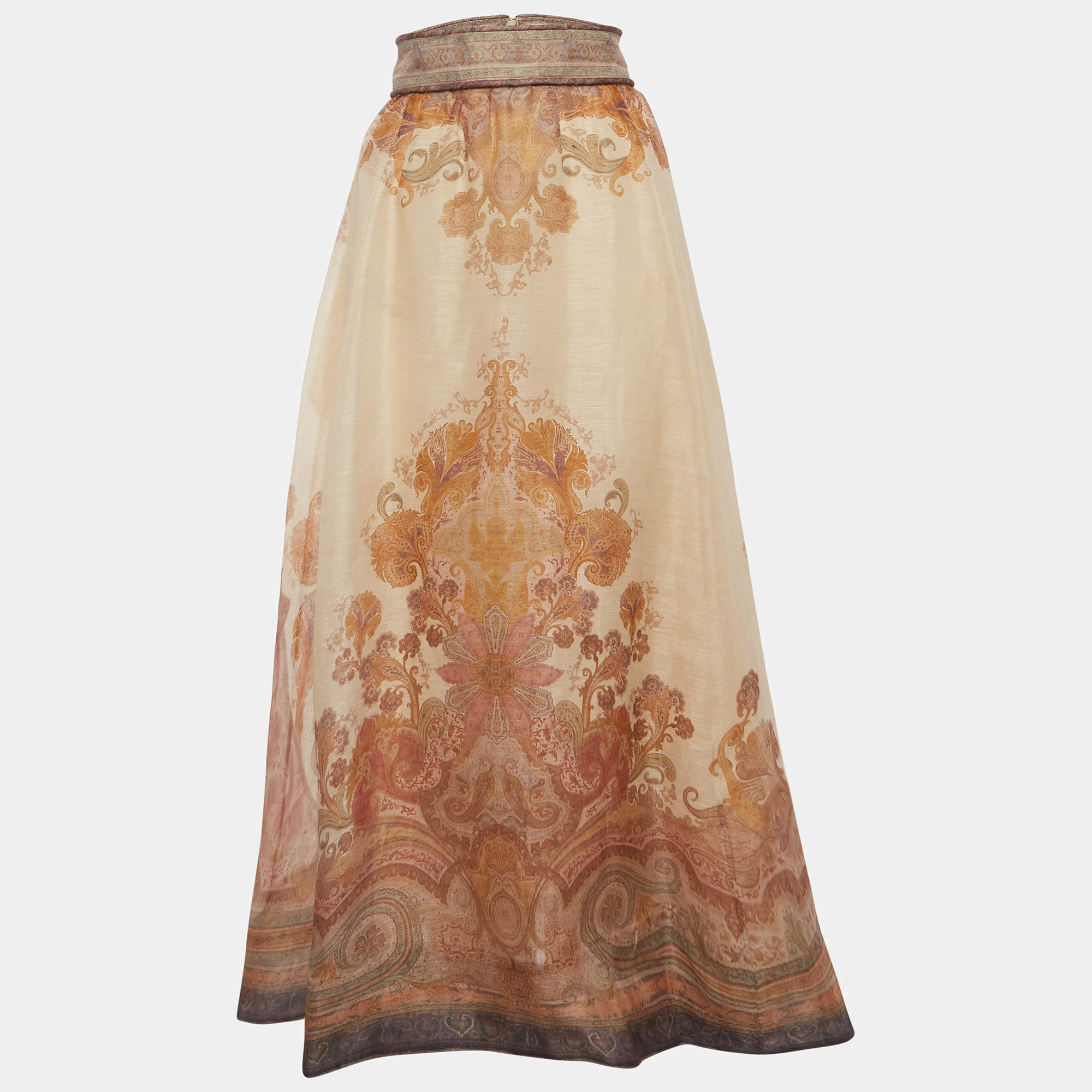 مملوكة مسبقًا Zimmermann Beige Paisley Print Linen Blend Illustration Midi Skirt L