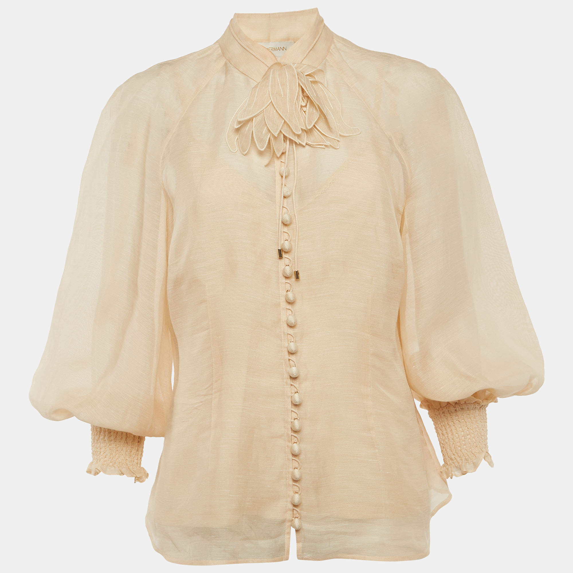 مملوكة مسبقًا بلوزة زيمرمان بيج مزيج كتان مزينة بالزهور بأزرار مقاس كبير - لارج