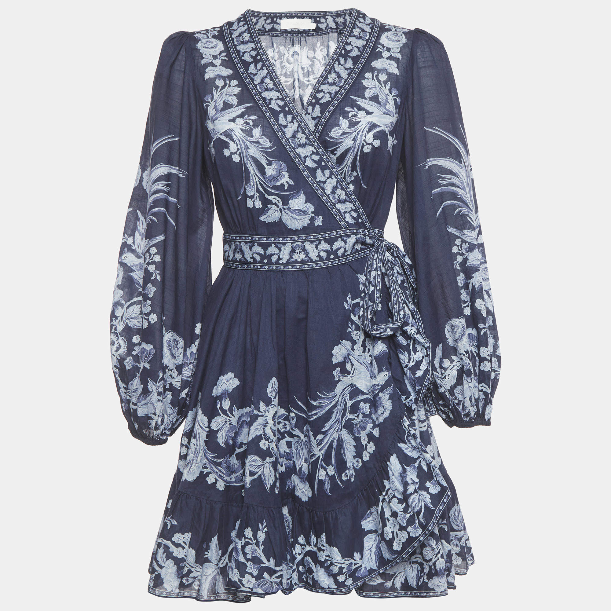 مملوكة مسبقًا Zimmermann Navy Blue Floral Print Cotton Aliane Frill Wrap Mini Dress M