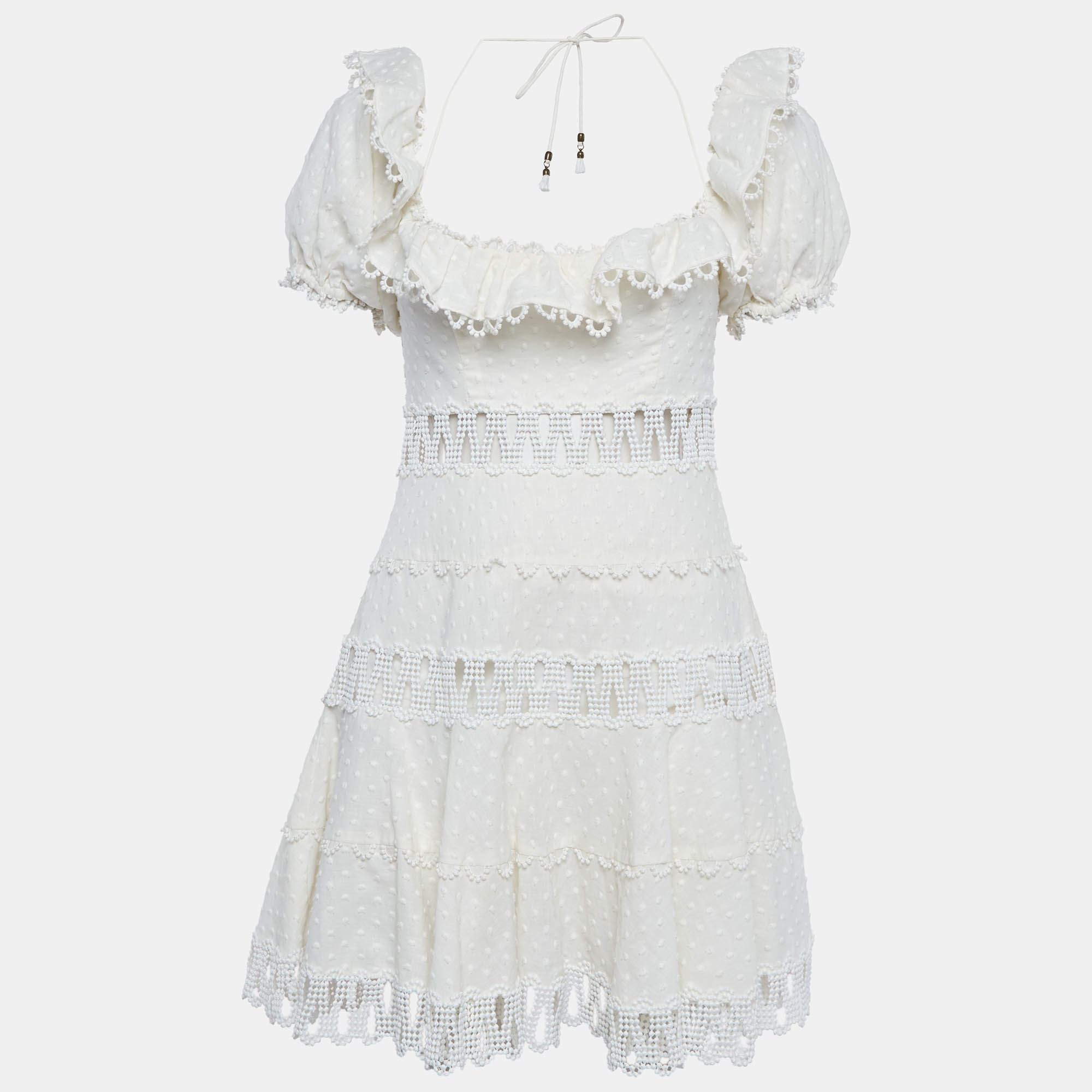 مملوكة مسبقًا Zimmermann White Linen Blend Paneled Melody Off Shoulder Mini Dress M
