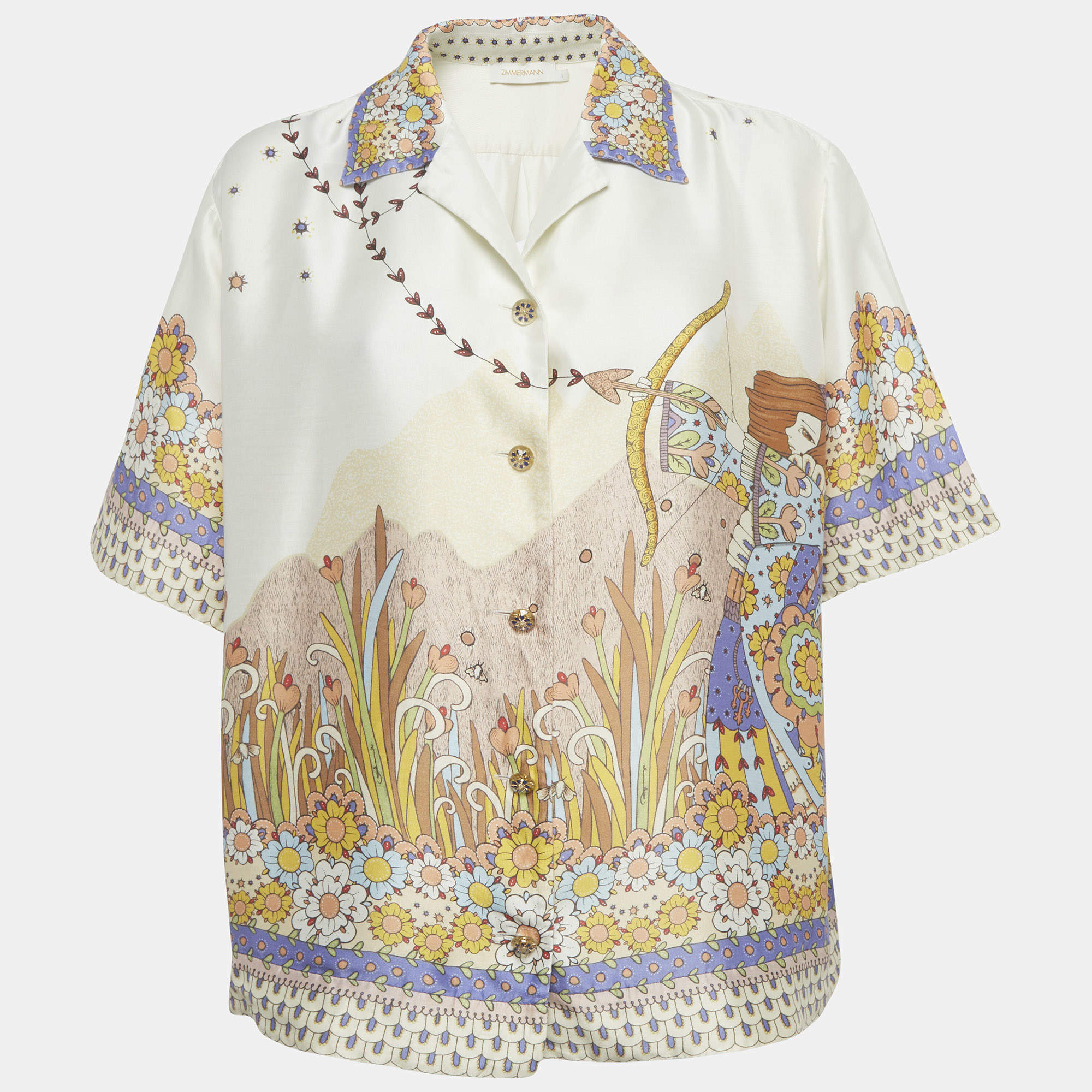 Pre Owned Zimmermann Cream Graphic-Print Silk Short-Sleeve Shirt M