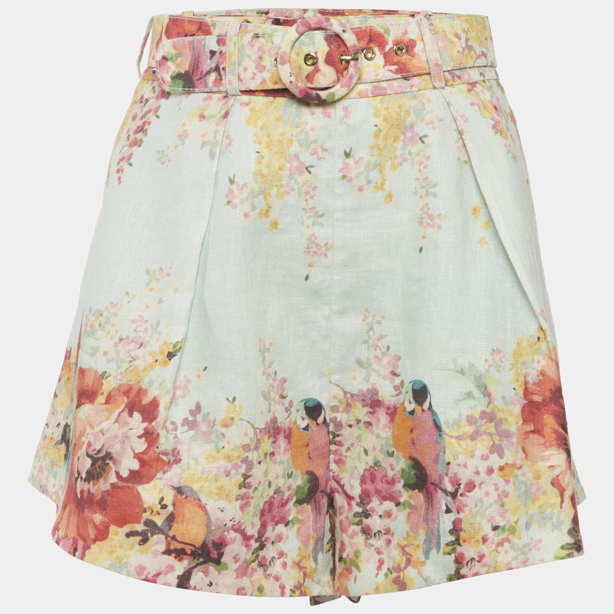 Pre Owned Zimmermann Blue Floral Print Linen Belted Shorts L