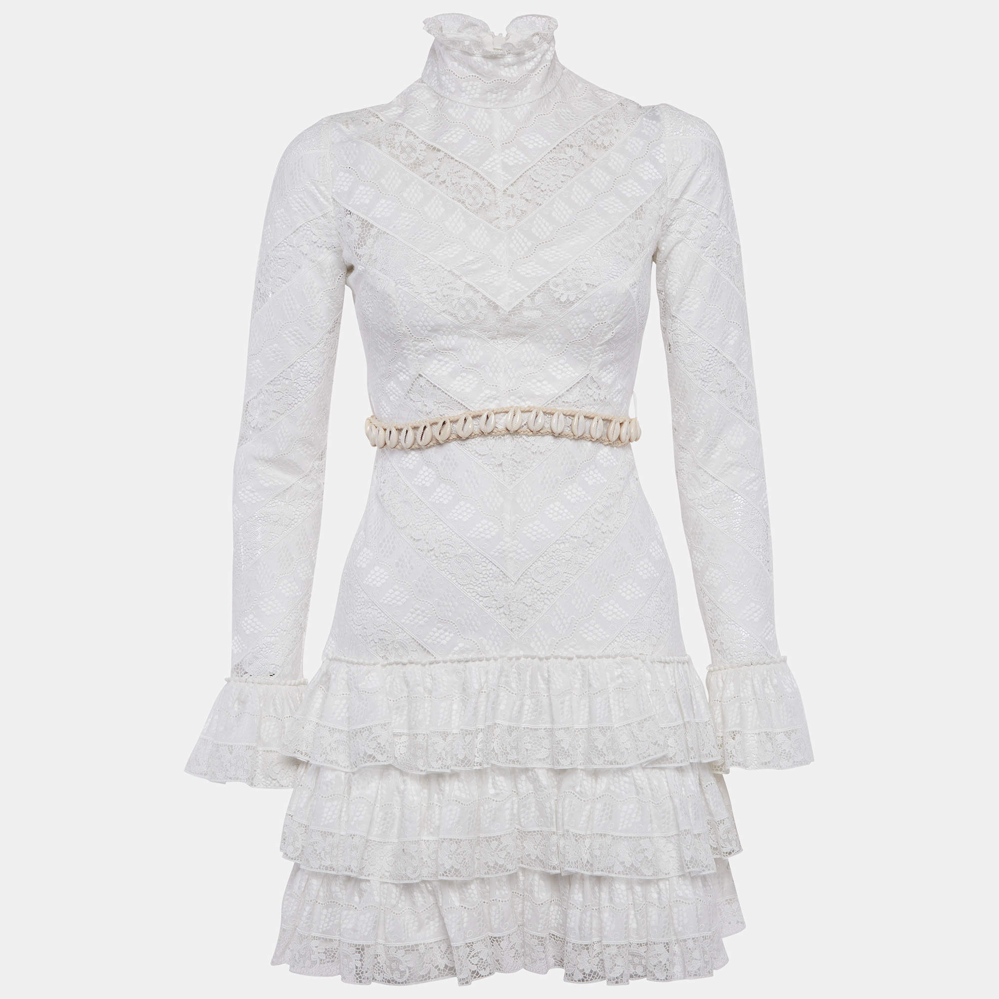 Pre Owned فستان زيماومان أبيض دانتيل فينيتو مع حزام قصير مقاس صغير (سمول)