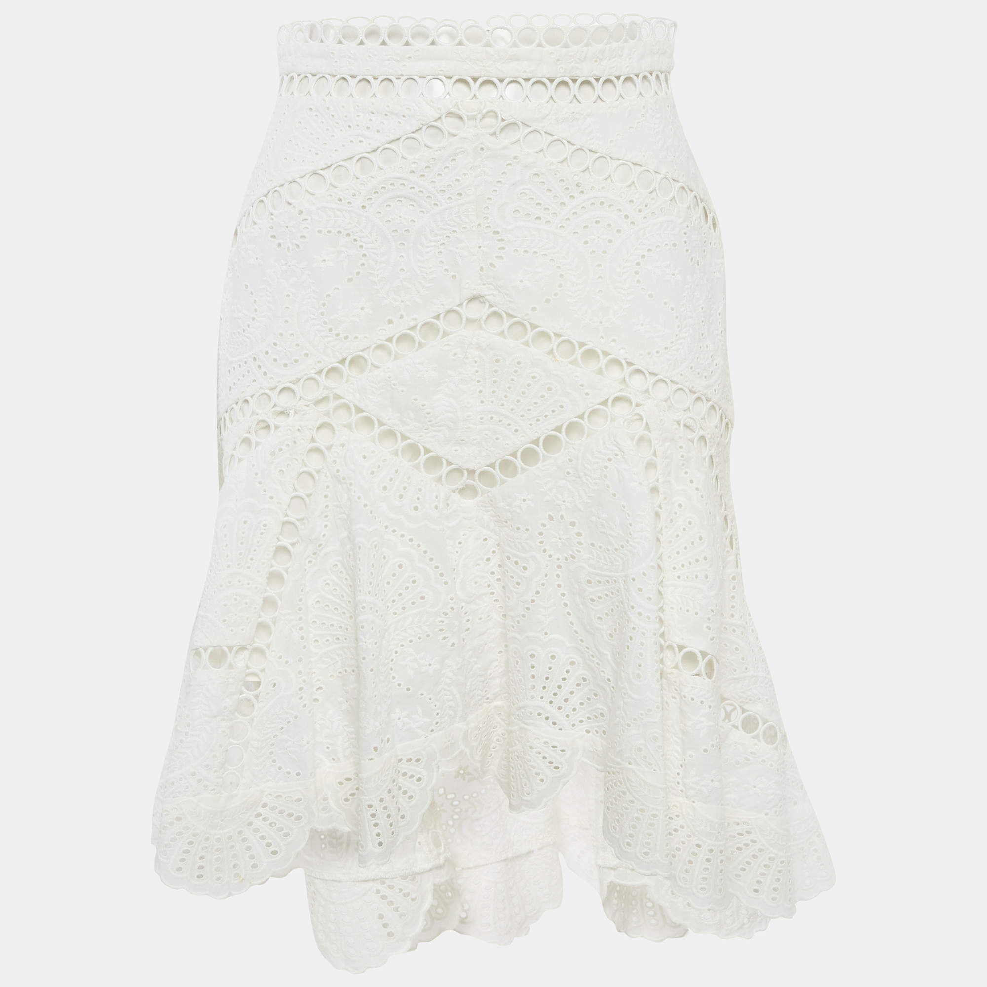 Pre Owned Zimmermann White Broderie Anglaise Knee Length Skirt M
