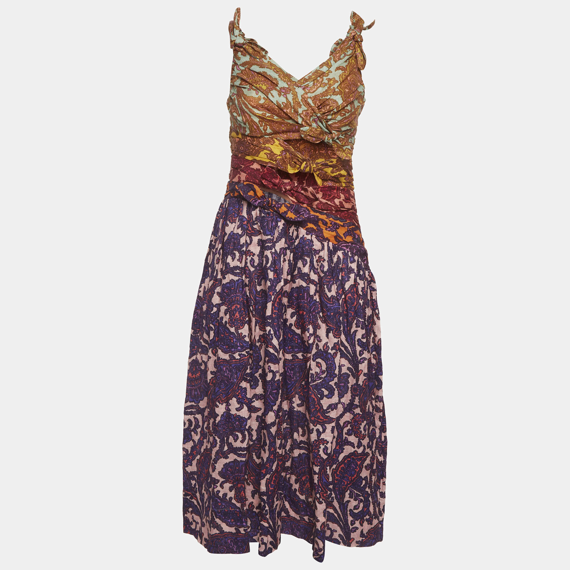 Pre Owned Zimmermann Multicolor Printed Linen Bow Detail Midi Dress M