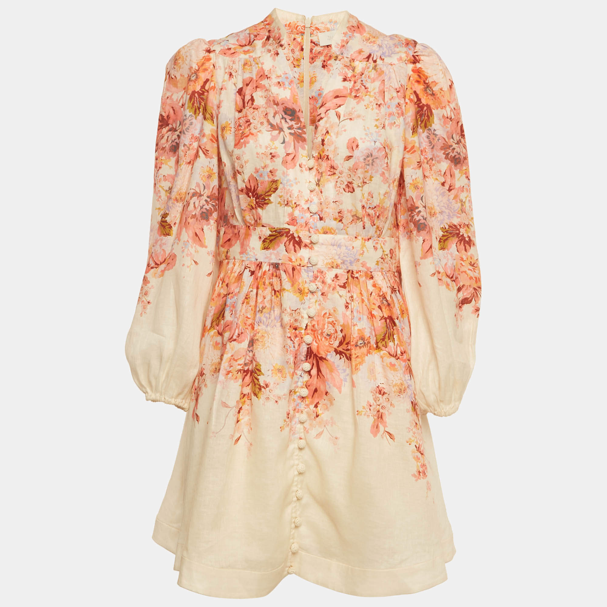 مملوكة مسبقًا Zimmermann Pink/White Floral Print Linen Short Dress L