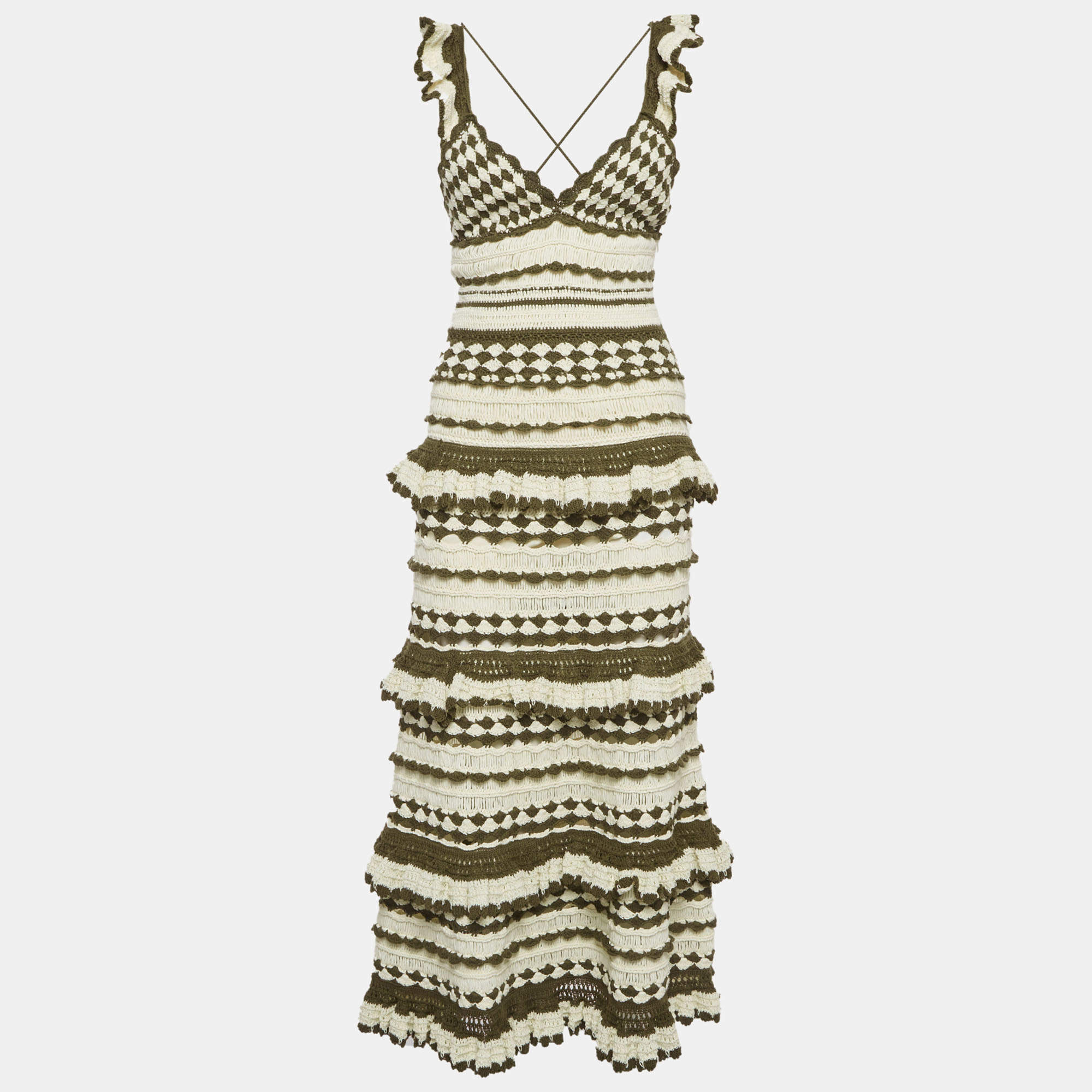 Pre Owned Zimmermann Olive Green/Cream Crochet Devi Ruffled Midi Dress S