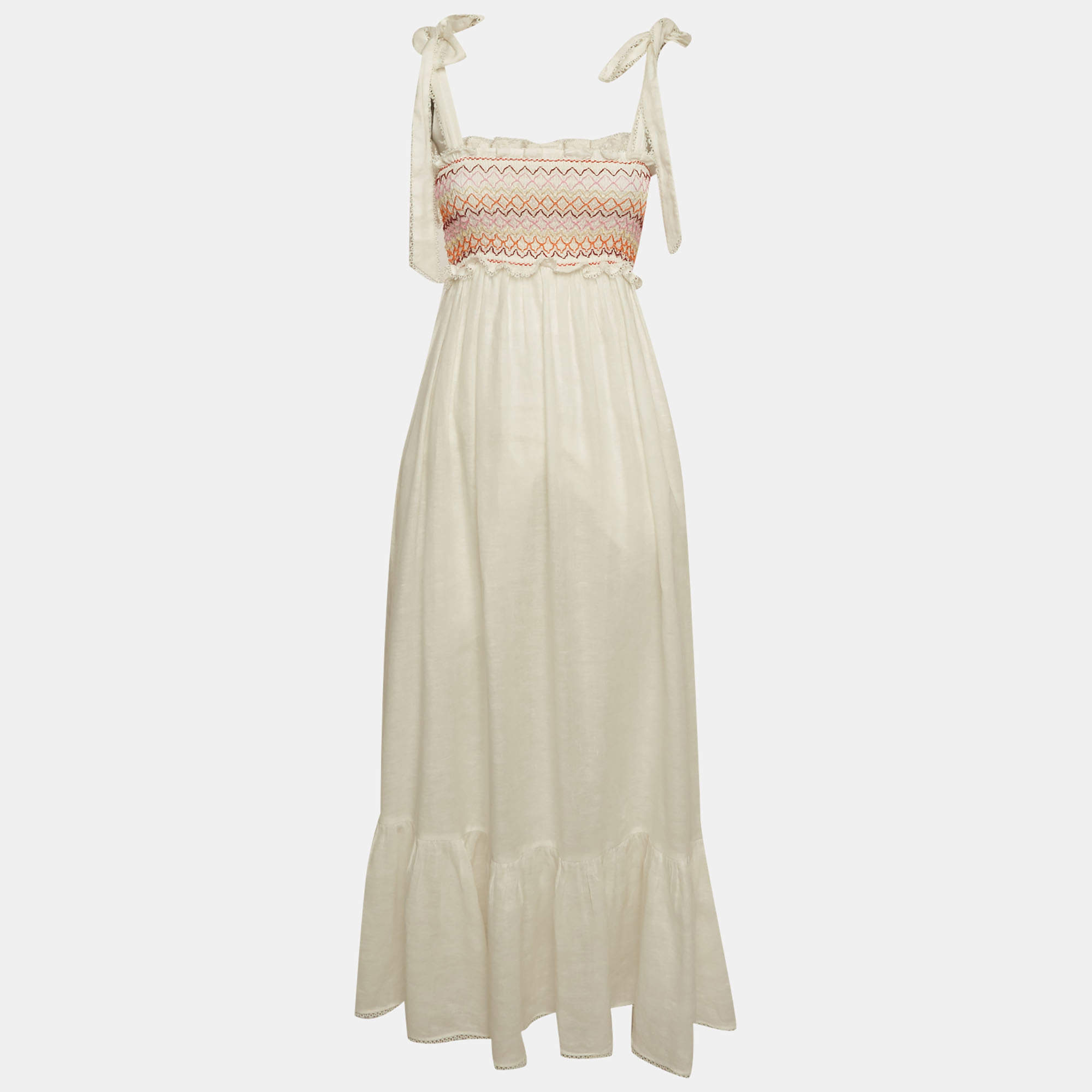 Pre Owned Zimmermann White Linen Shirring Detail Midi Dress S