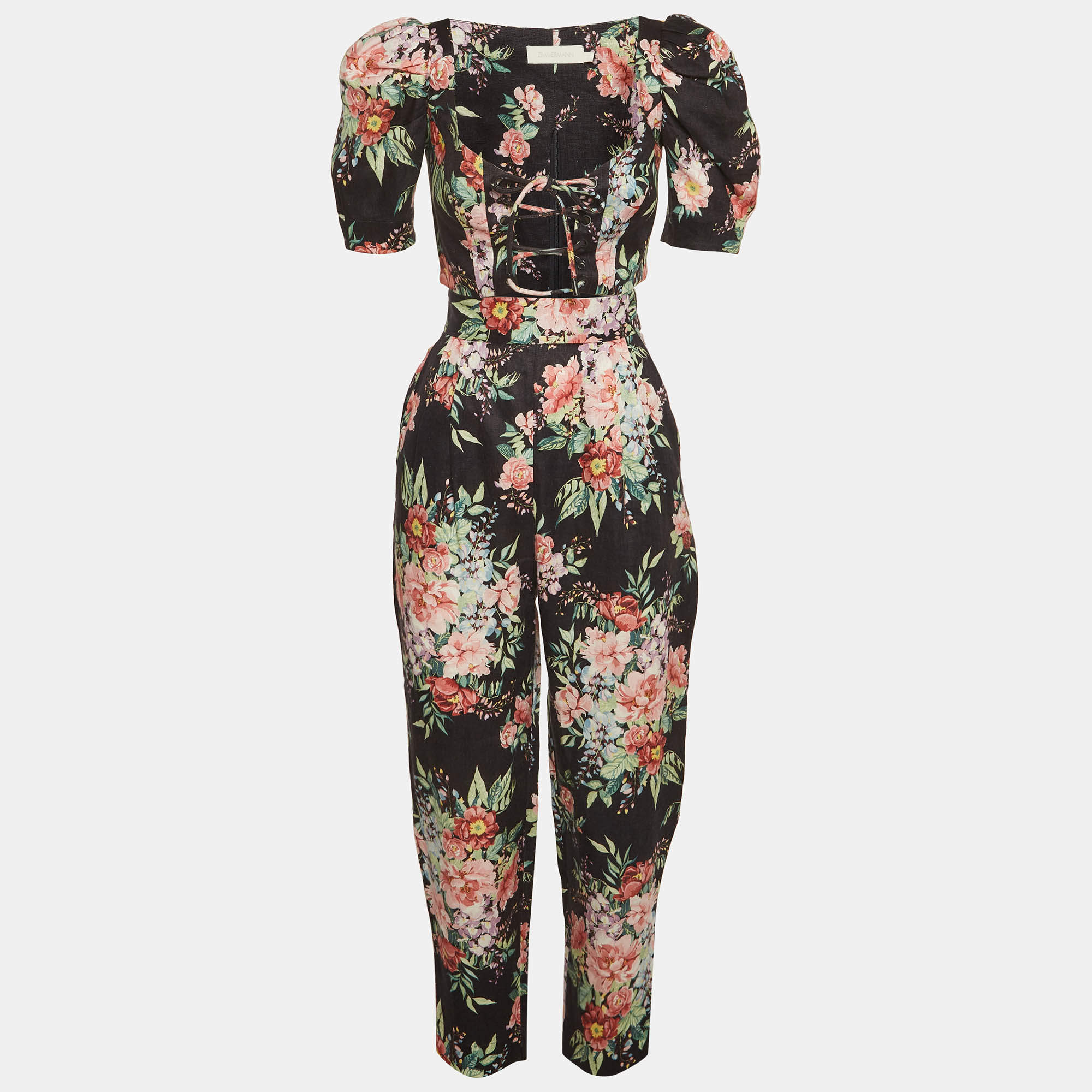 Pre Owned Zimmermann Black Floral Print Linen Top and Pants Set XS/S