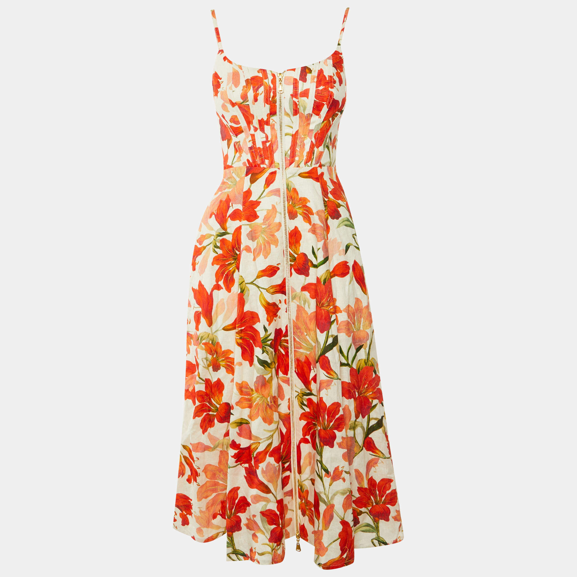 مملوكة مسبقًا Zimmermann White Floral Printed Linen Tranquility Midi Dress XS