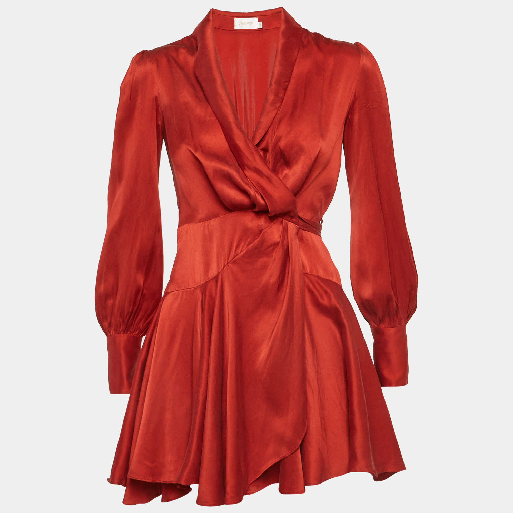 مملوكة مسبقًا Zimmermann Red Satin Ruffle Wrap Mini Dress XS