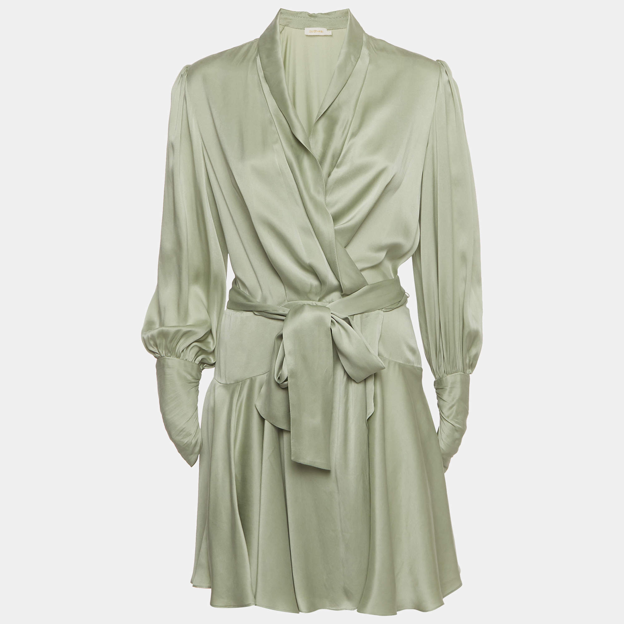 Pre Owned Zimmermann Green Satin Long Sleeve Wrap Around Mini Dress M