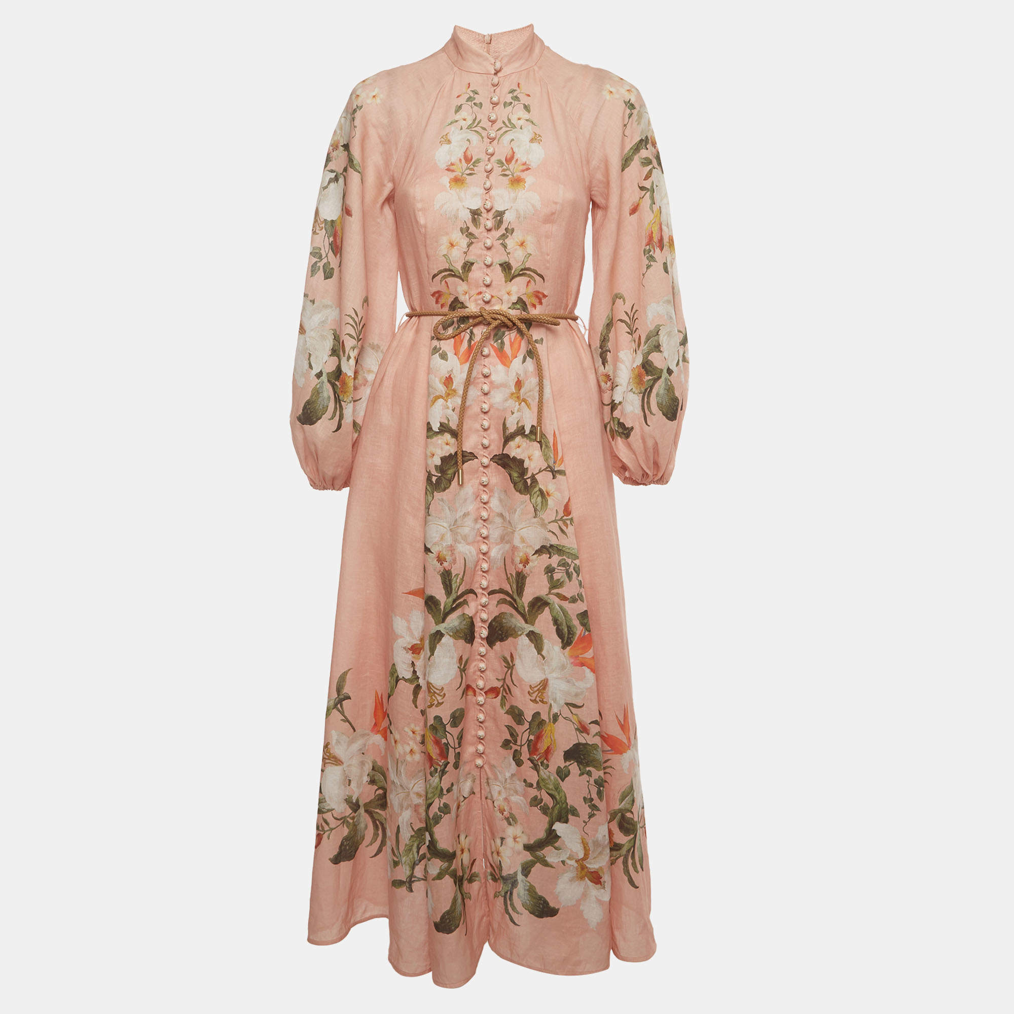 Pre Owned Zimmermann Pink Linen Button Front Detail Lexi Billow Midi Dress S