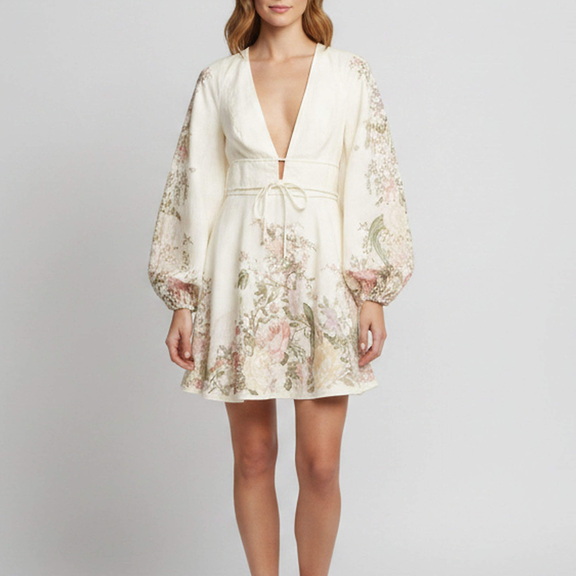 Pre Owned Zimmermann Cream Floral Print Linen Waverly Plunge Mini Dress M