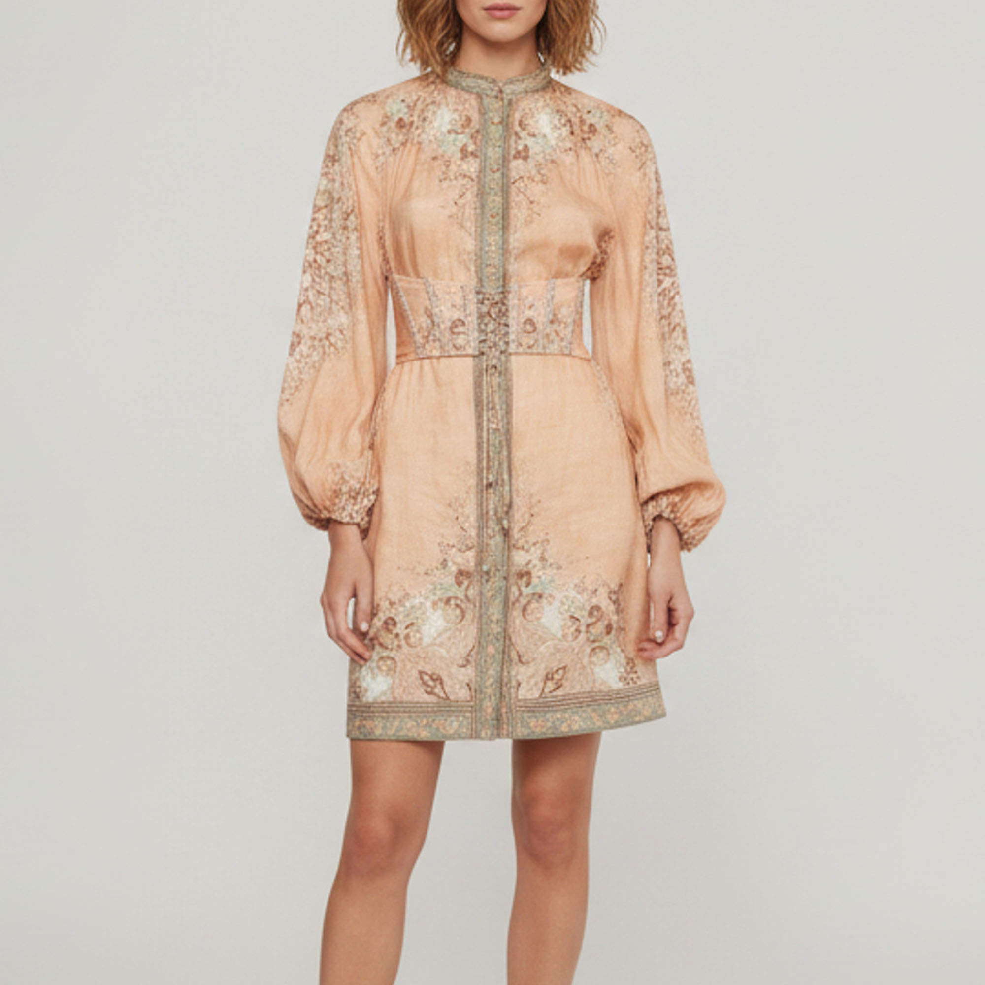 Pre Owned Zimmermann Peach Floral Print Linen Anneke Mini Dress M